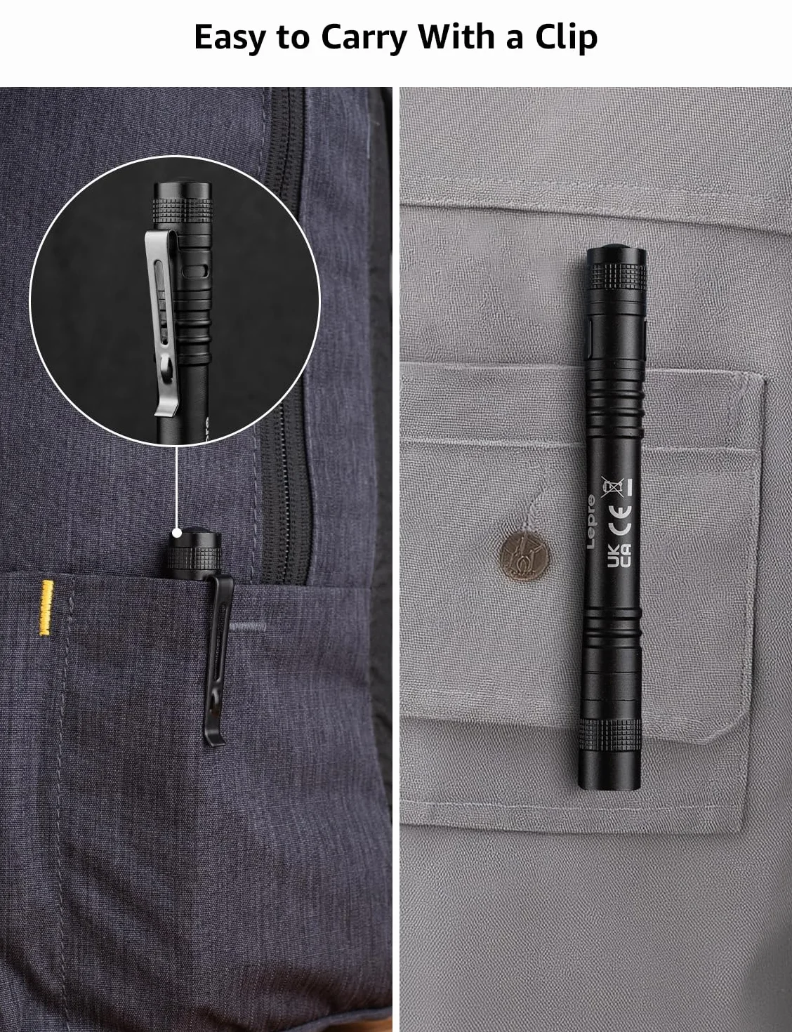 Lepro Latarka UV 365 nm, latarka ultrafioletowa, latarka z klipsem, wysoka czystość UV, małe światło ultrafioletowe zasilane 2 bateriami AAA (brak w zestawie), wykrywacz czarnego światła do moczu