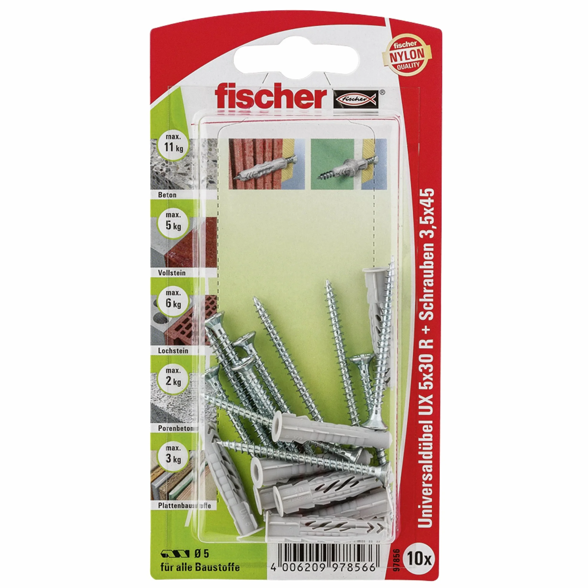 fischer 097856 RSK karta SB, zawartość kołek uniwersalny UX 5 x 30 R (z krawędzią), 10 x śruba do płyty wiórowej 3,5 x 45
