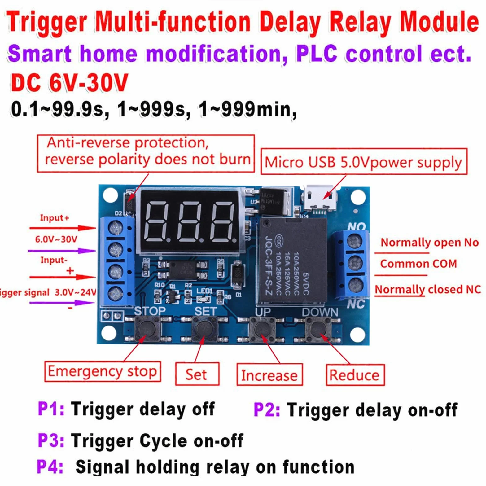 VOBOR DC 6-30 V moduł przekaźnikowy z czasem, opóźnienie włączania/wyłączania cyklu przekaźnika czasowego taśmy / wyświetlacz cyfrowy LED Micro USB 5 V do sterowania inteligentnym domem