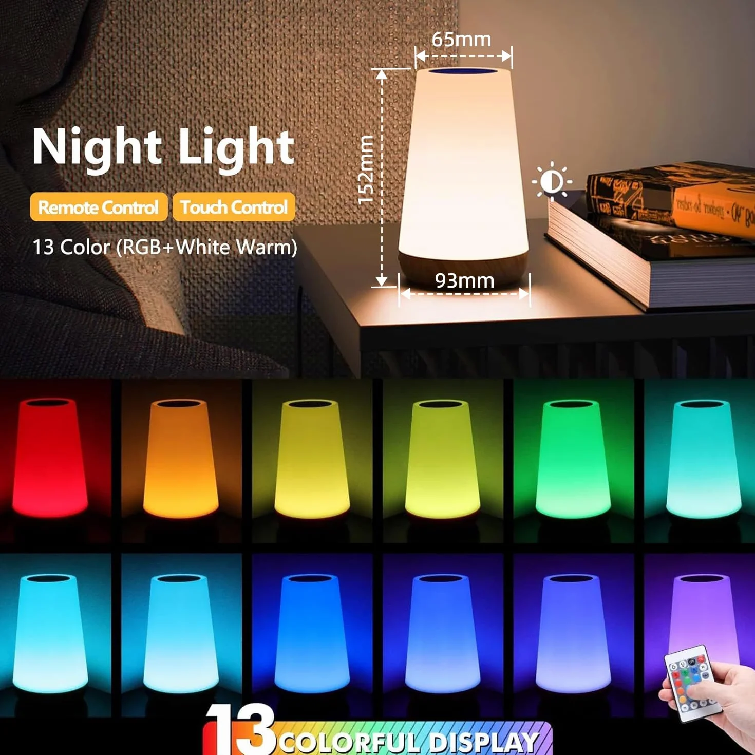 Lampka Nocna Led, Taipow Regulowana Dotykowa Lampa Stołowa z Pilotem Zdalnego Sterowania i 13 Kolorów i 3 Tryby, Lampki Nocne dla Dzieci do Sypialni/Salonu, ładowanie USB