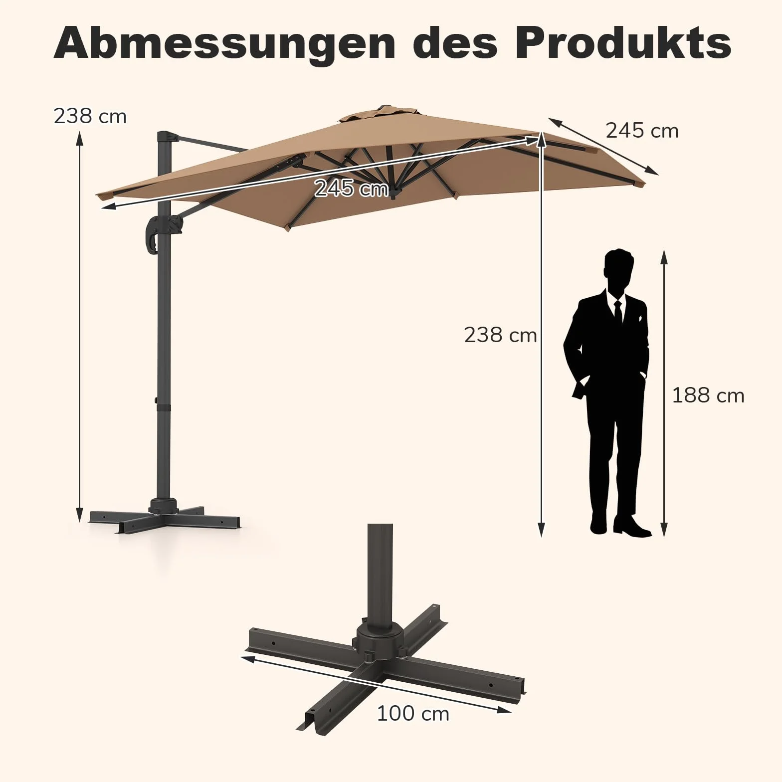 COSTWAY Parasol przeciwsłoneczny prostokątny 250x250 cm z korbą odchylany 360° ogrodowy tarasowy brązowy