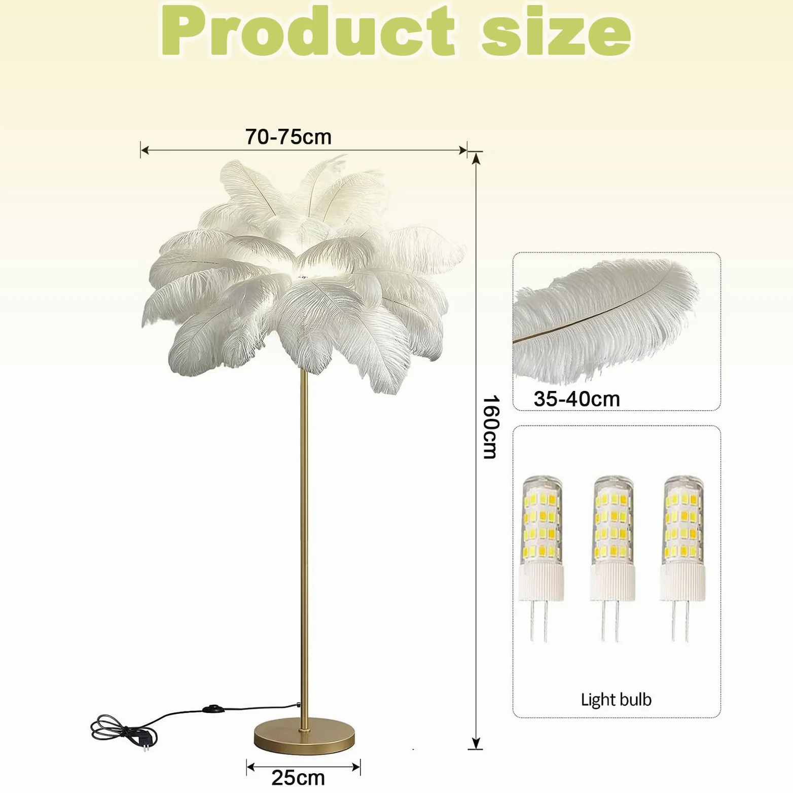 Nowoczesna lampa z piórami, 160 cm lampa podłogowa z piór strusich, 3 kolory z regulowaną jasnością, do salonu, czytelni, sypialni