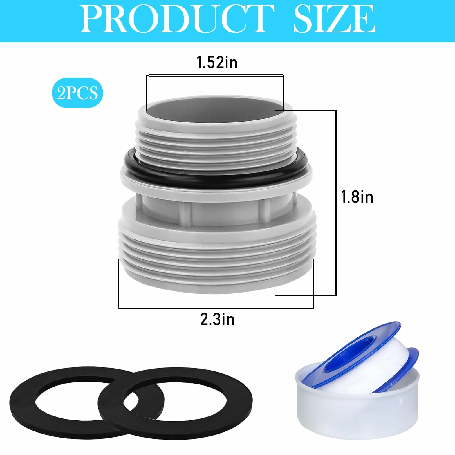 Adapter do węża basenowego 38 mm na 1 1/2 cala z uszczelką, zestaw 2 szt.