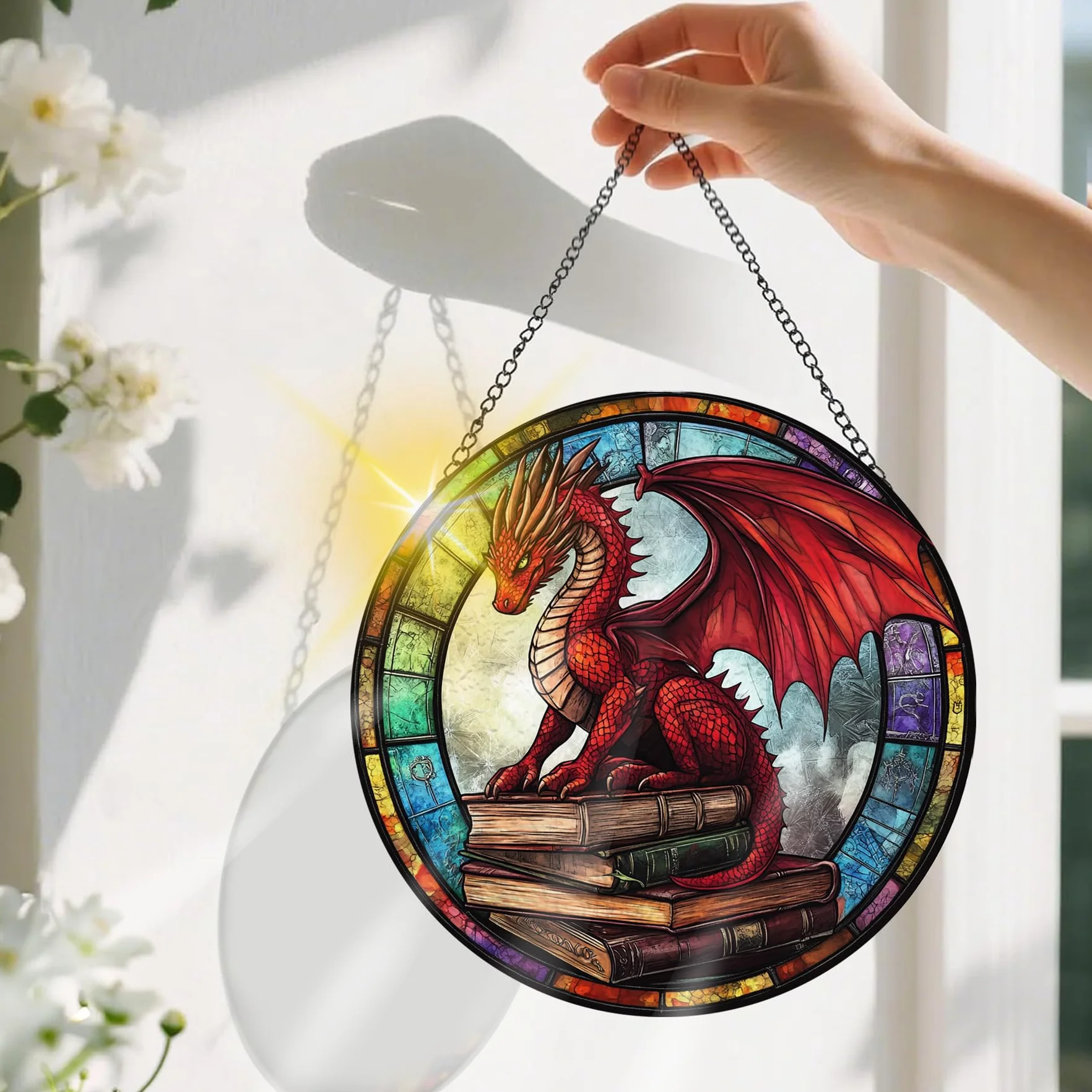 Smok Witrażowy łapacz Słońca, Wisząca Dekoracja Okienna Zwierzęta – Ręcznie Robiony, 20 x 20 cm