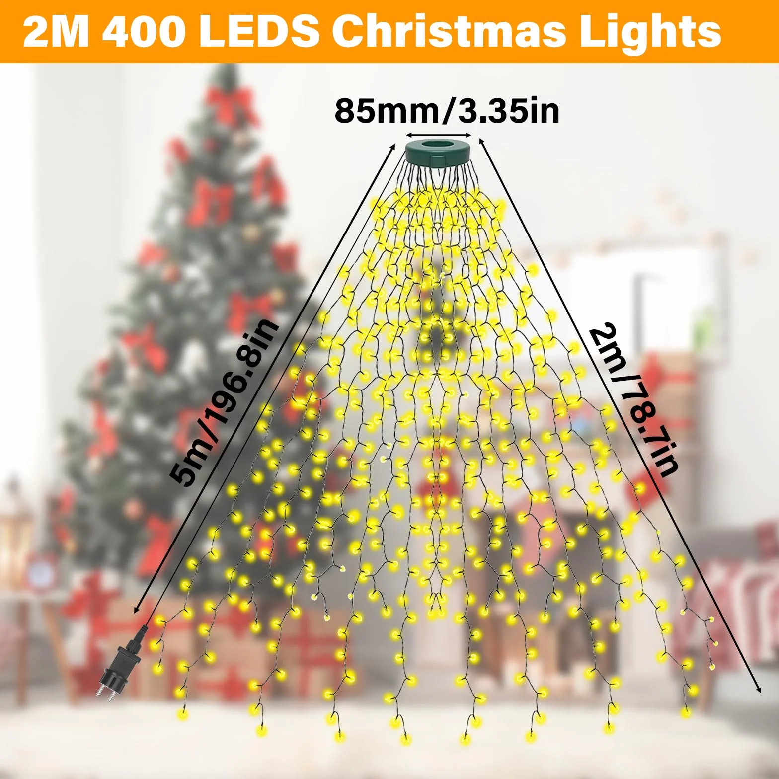 Lampki choinkowe, Łańcuch świetlny o długości 2 m 400 diod LED, lampki choinkowe z pierścieniem, wodoodporne IP44, z timerem, Funkcja pamięci, do dekoracji świątecznych wewnątrz i na zewnątrz