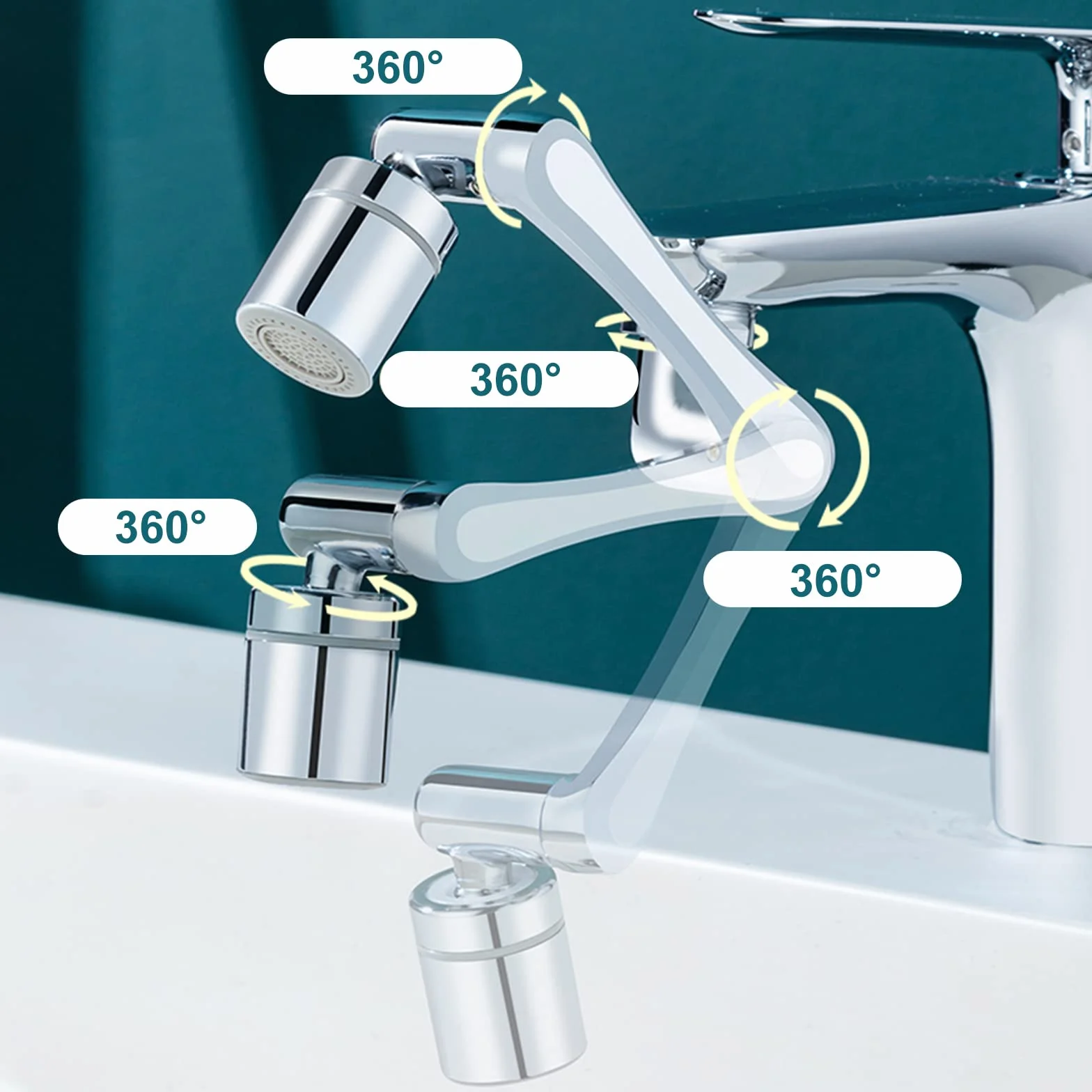 Bateria obrotowa 1080° + 360° z gwintem wewnętrznym 22 mm i gwintem zewnętrznym 24 mm, uniwersalny srebrny aerator z bateriami do kuchni / łazienki