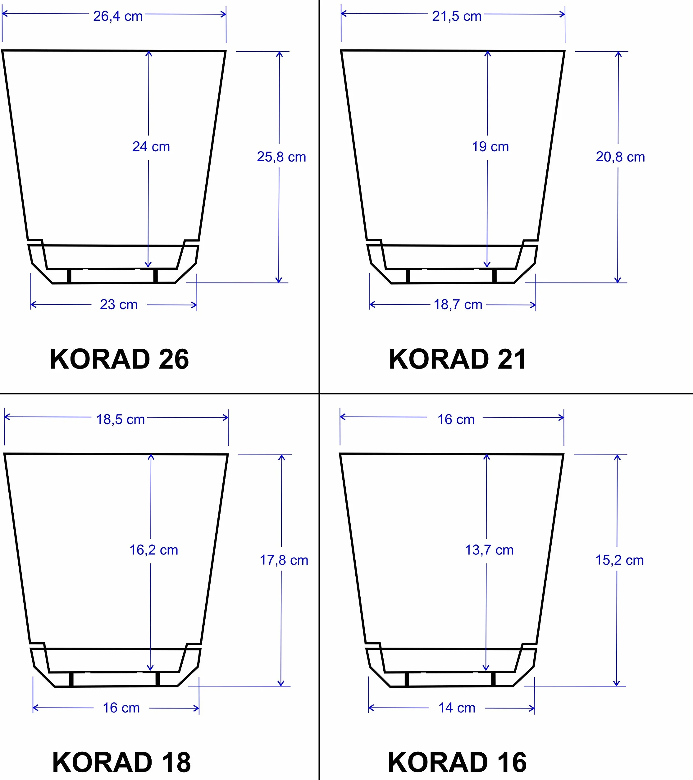 KORAD Komplet 4 osłonek wzór 021 Miedź w rozmiarach 26 cm, 21 cm, 18 cm i 16 cm; ozdobne doniczki plastikowe bez otwrów drenażowych; do roślin, kwiatów i kompozycji roślinnych