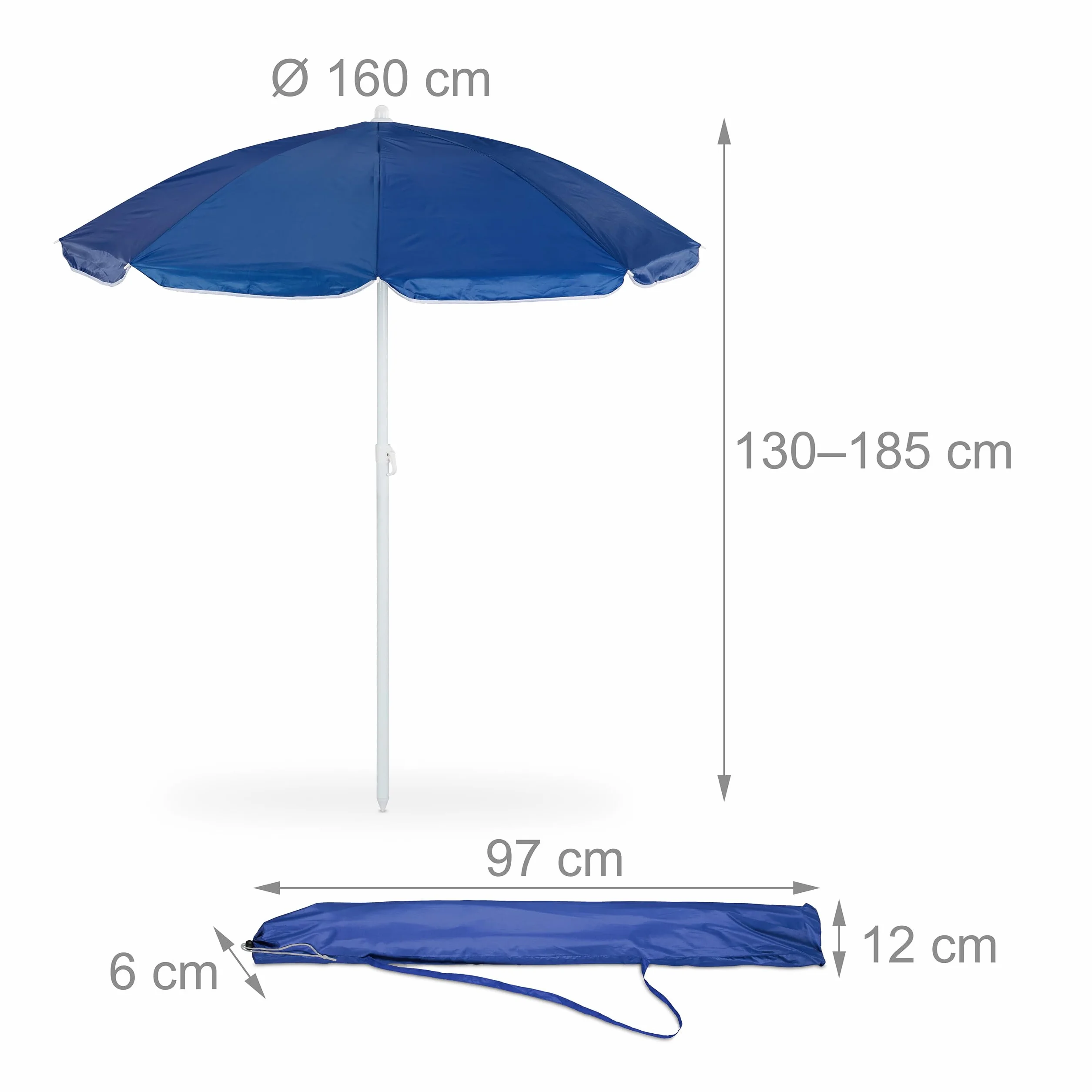 Relaxdays Parasol przeciwsłoneczny, Ø 160 cm, zginany, z regulacją wysokości, ochrona UV, parasol plażowy z torbą, na plażę i balkon, niebieski