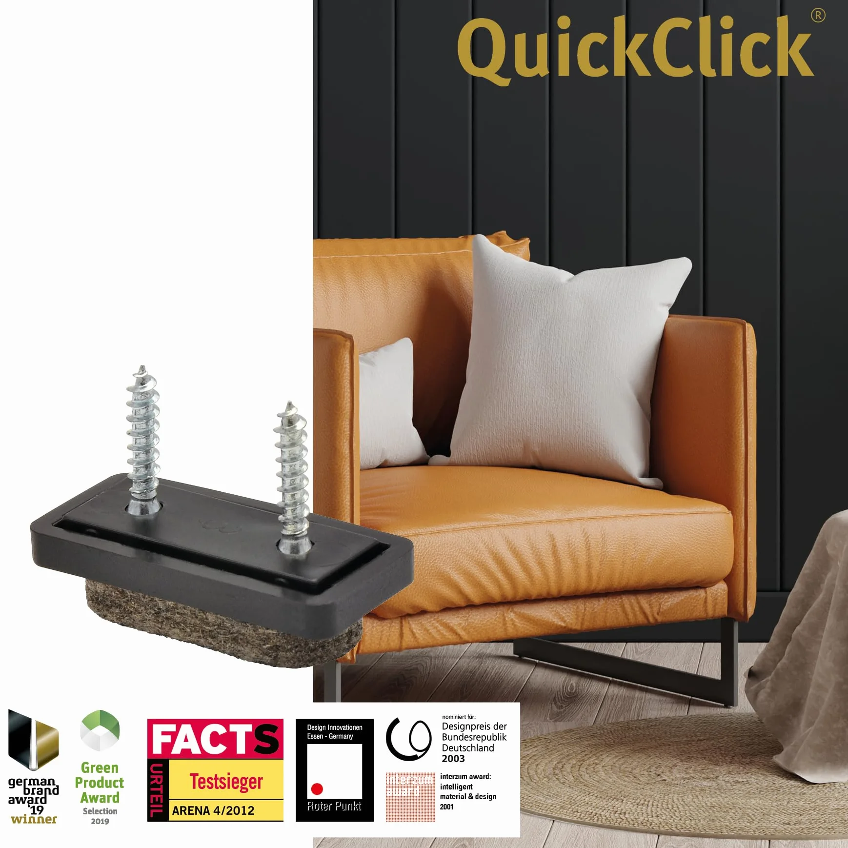 Wagner QuickClick® podkładki filcowe ślizgacze na krzesła, zestaw 4 szt. do przykręcenia I 4 x podstawa + 8 x śruba + 4 x wymienne wkładki ślizgowe - filc wełniany Ultrasoft - wkładka 32 x 15 mm - wyprodukowano w Niemczech - 15782800