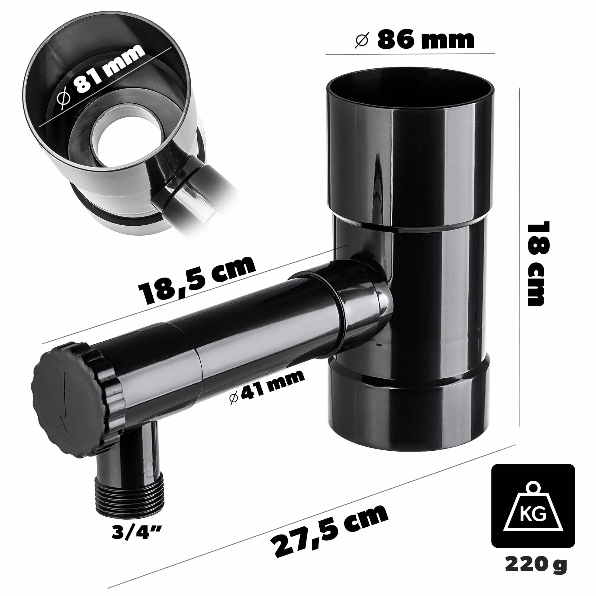 Kolektor na deszczówkę 80 mm, do rury spustowej, z zaworem, czarny