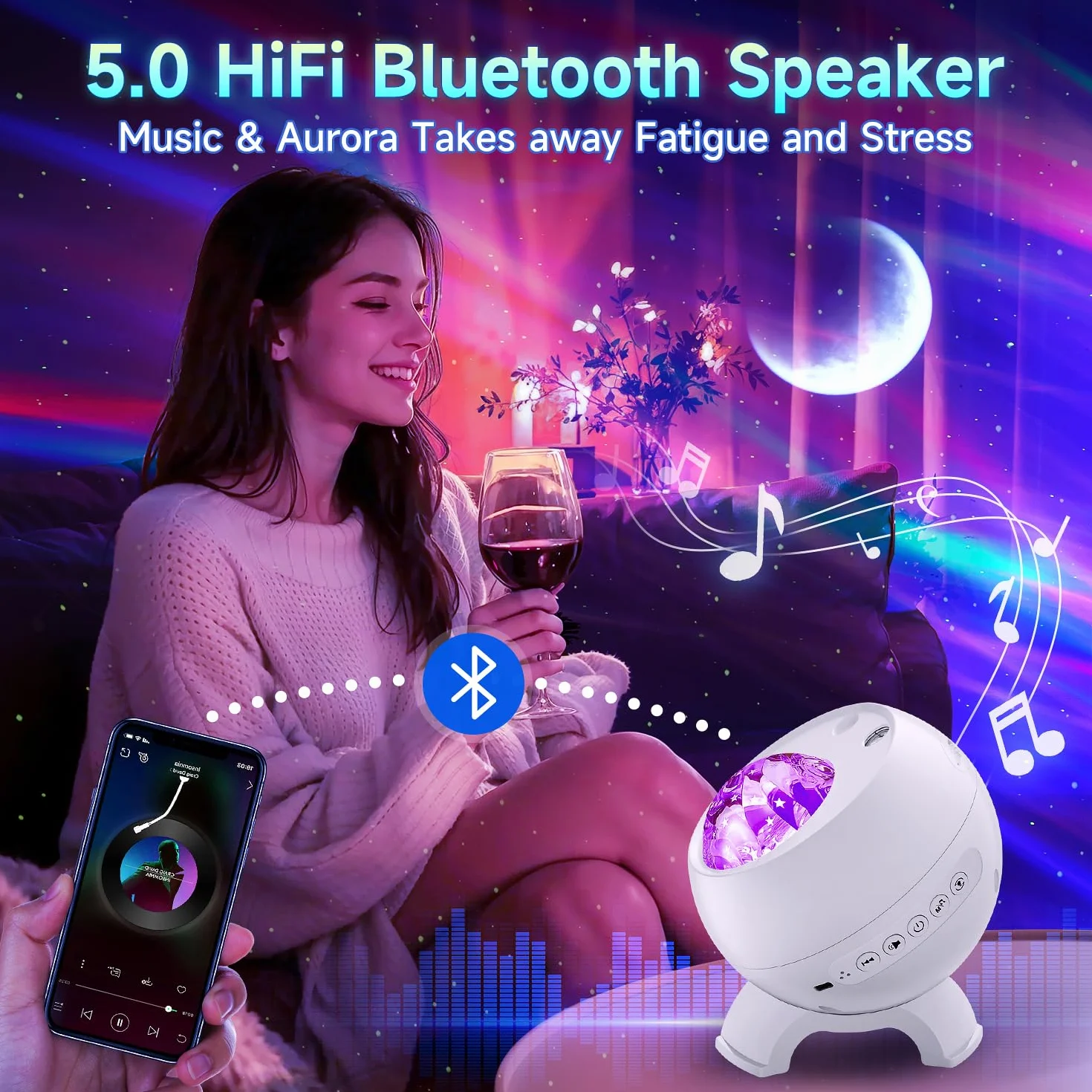 COOLNIGHT Projektor gwiaździste niebo do sypialni LED, lampka nocna dla dzieci z 15 kolorami + 5 księżycami, dekoracja sypialni Bluetooth z 15 białymi dźwiękami i pilotem, prezent na Dzień Matki