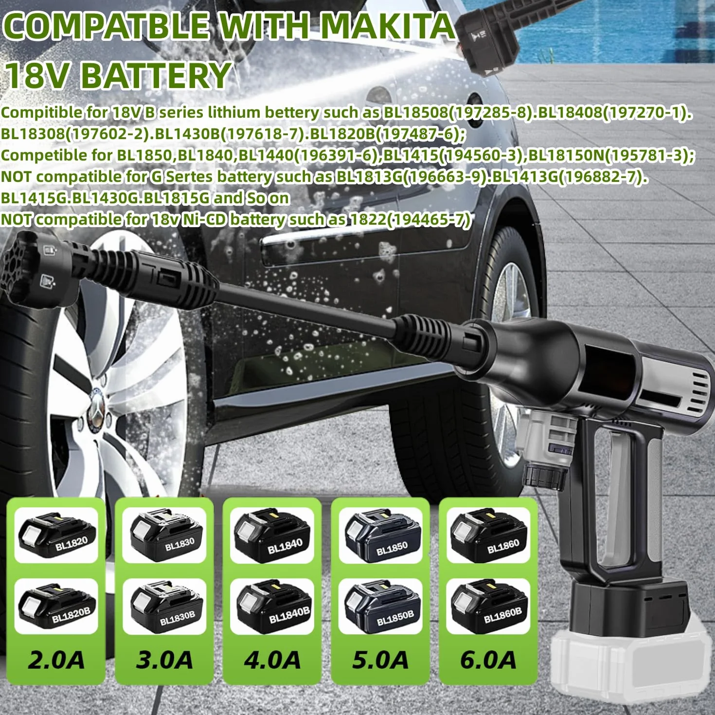Akumulatorowa myjka wysokociśnieniowa, 610 PSI, 380 W, kompatybilna z akumulatorem Makita 18 V, przenośna myjka wysokociśnieniowa z wielofunkcyjną dyszą natryskową 6 w 1, 4 poziomy czyszczenia, wąż 5