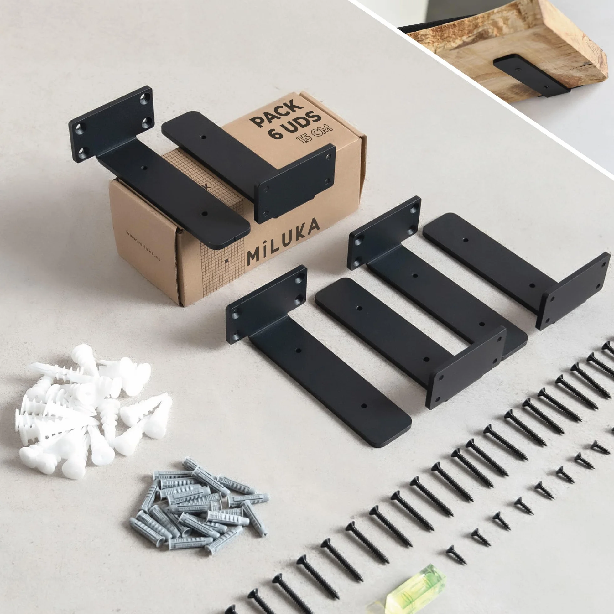 MILUKA Pack 6 Metal Brackets for Shelves 15 cm | Wall Shelf Brackets | Heavy Duty Steel, 70 kg | Black Industrial Design, Invisible Anchorage and Easy Installation