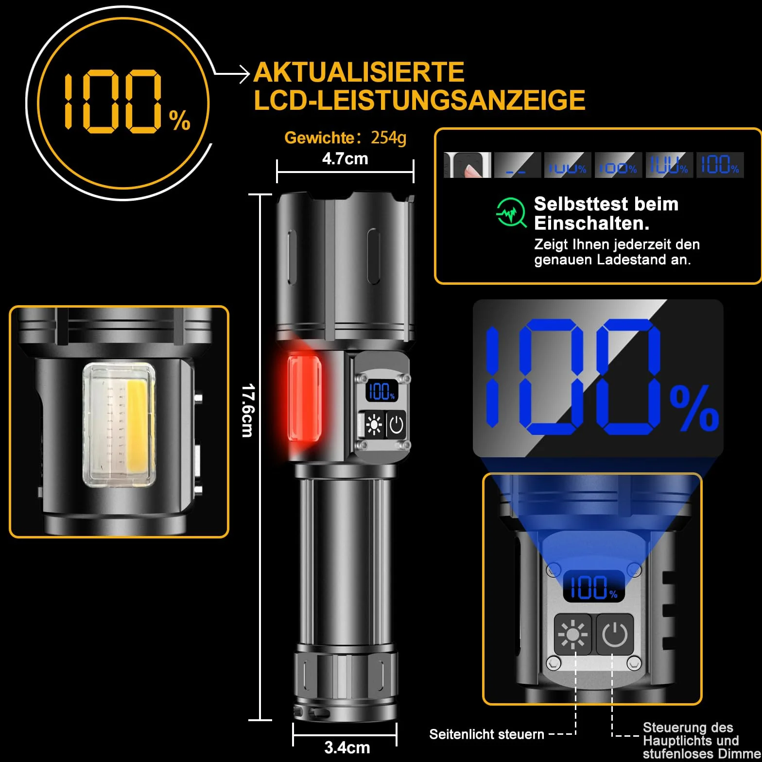 Akumulatorowa Latarka LED, 1000000 Lumenów, Niezwykle Jasna, 9 Trybów, z bocznym światłem COB, z płynną regulacją jasności, z ekranem LCD, do biwakowania, Sytuacje Awaryjne