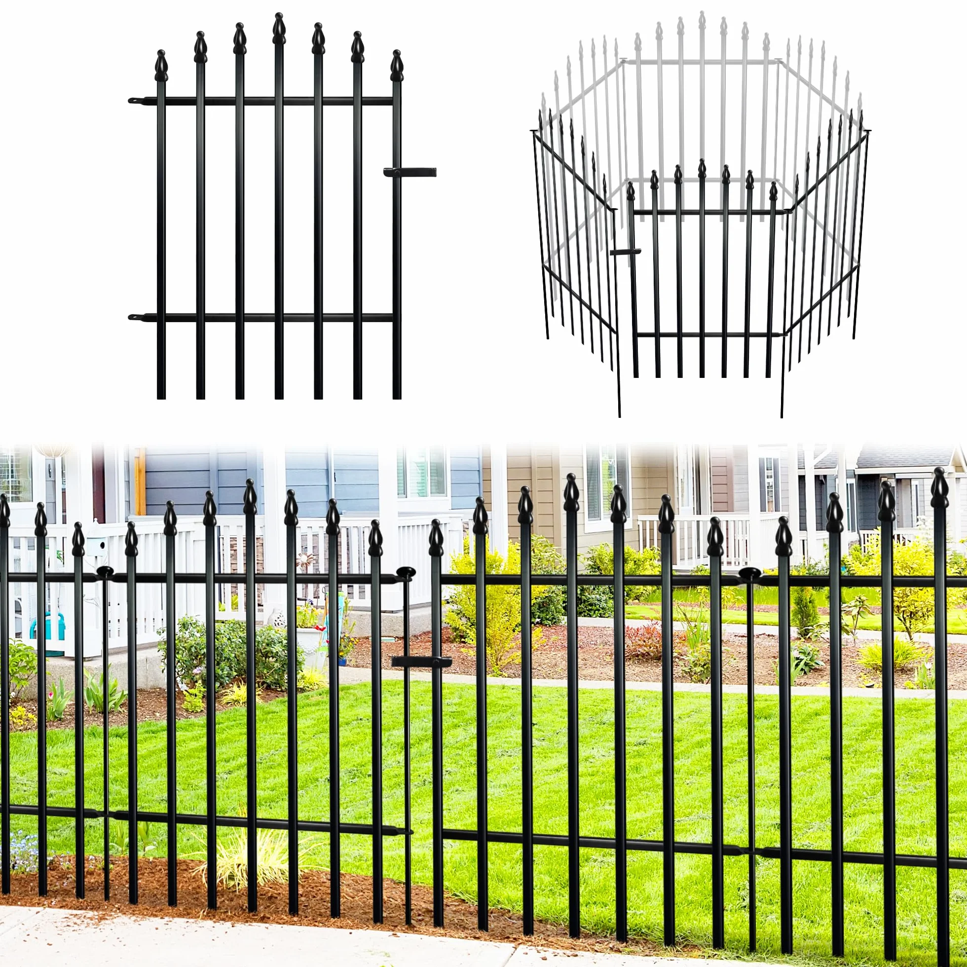 Thealyn Metalowe Ogrodzenie Ogrodowe 4 Panele + Brama, 81 x 60 cm, Odporne na Rdzę Żelazne Ogrodzenie dla Psów i Zwierząt, Zewnętrzna Bariera Ogrodowa