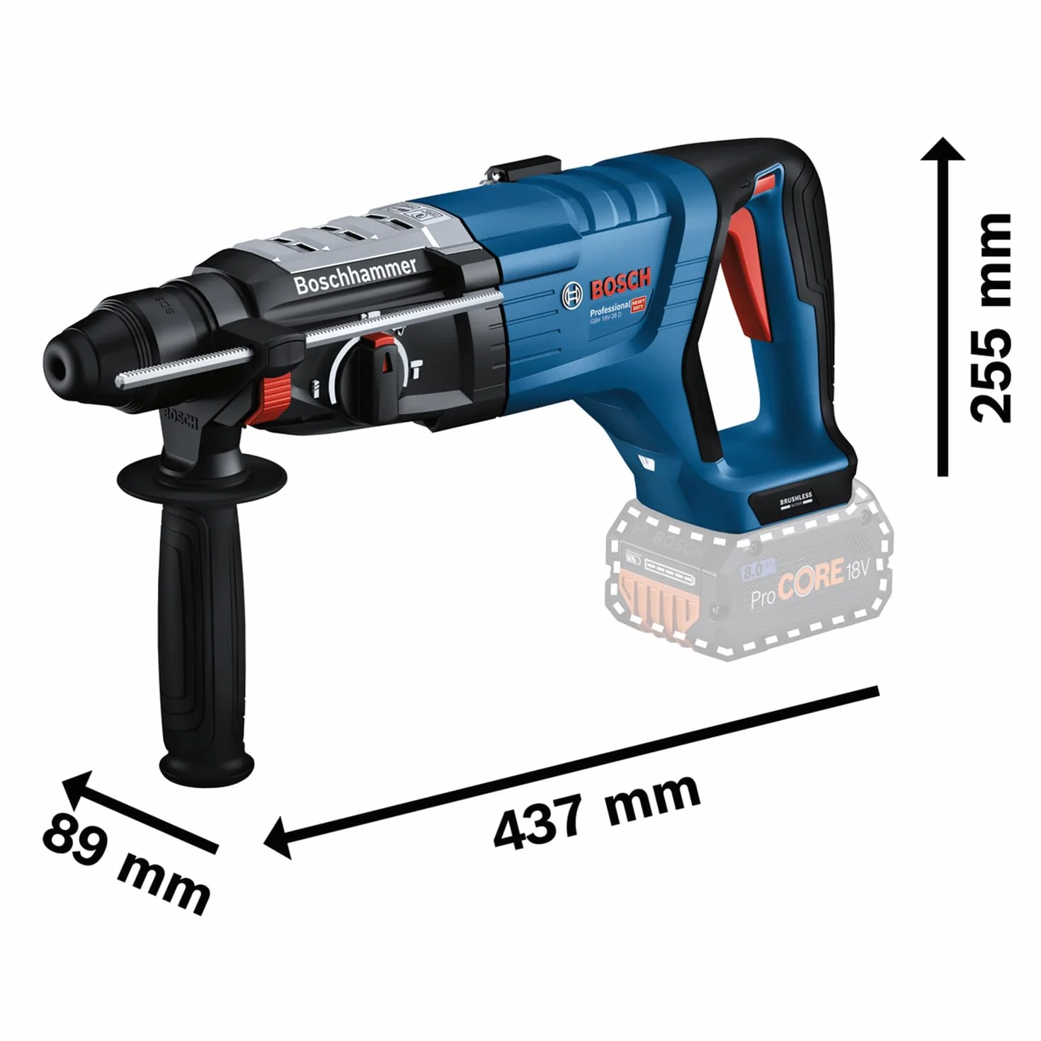 Bosch System profesjonalny 18 V firmy: akumulatorowy młot udarowo-obrotowy GBH 18V-28 D (KickBack Control, 2 akumulatory GBA 18V 5.5Ah, ładowarka GAL 1880, rękojeść dodatkowa, walizka XL-BOXX)