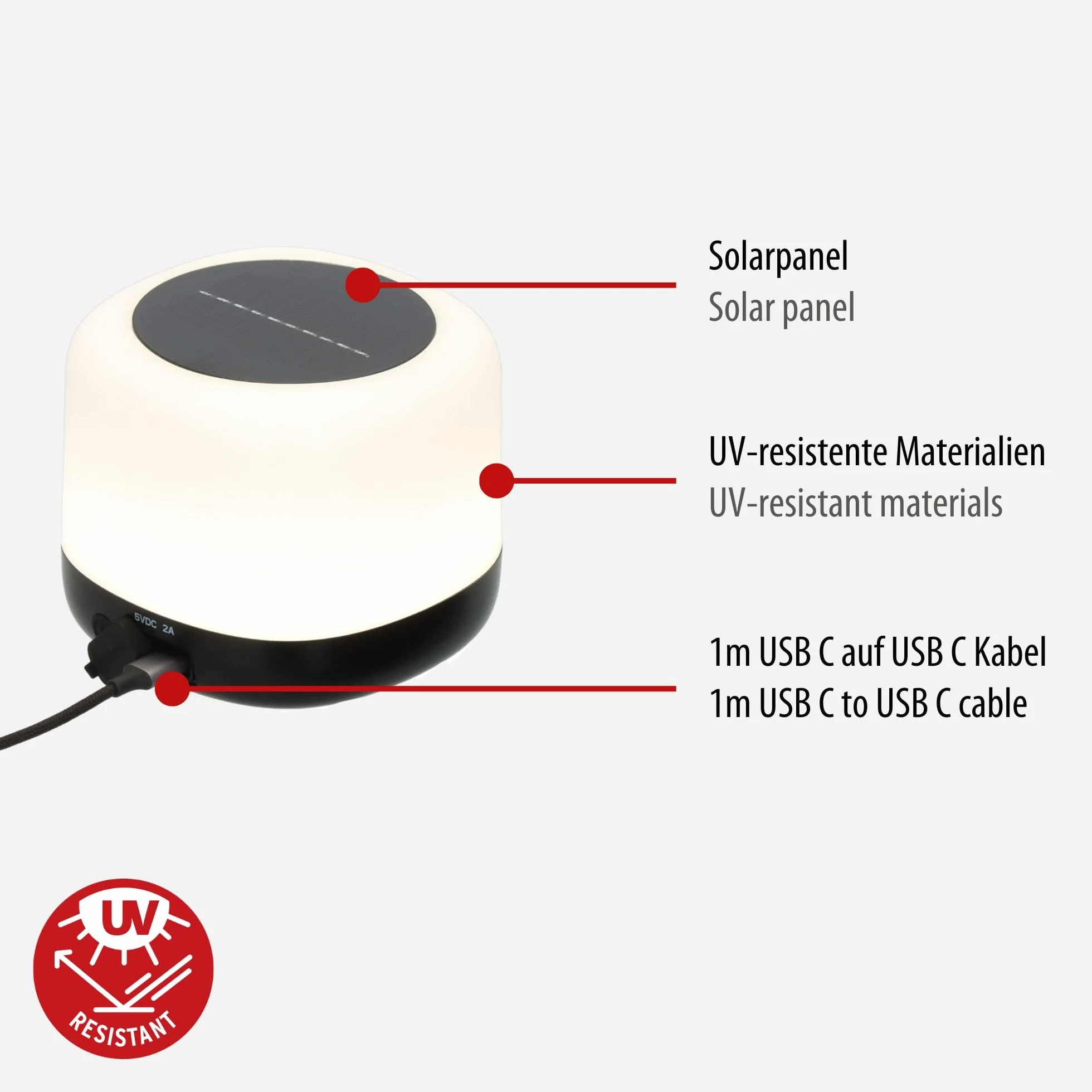 Brennenstuhl ładowalna solarna lampa zewnętrzna LED GL 400 AS (lampa kempingowa IP44 o mocy 400 lm, czas świecenia do 45h, 3 poziomy przełączania, wymienny akumulator 18650, powerbank, kabel USB C)