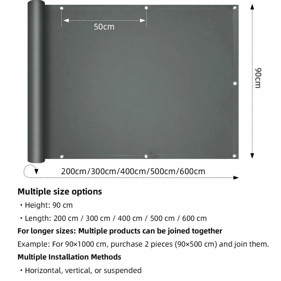 Osłona balkonowa 90 x 200 cm nieprzejrzysta ochrona prywatności UV odporna na warunki atmosferyczne ciemnoszara
