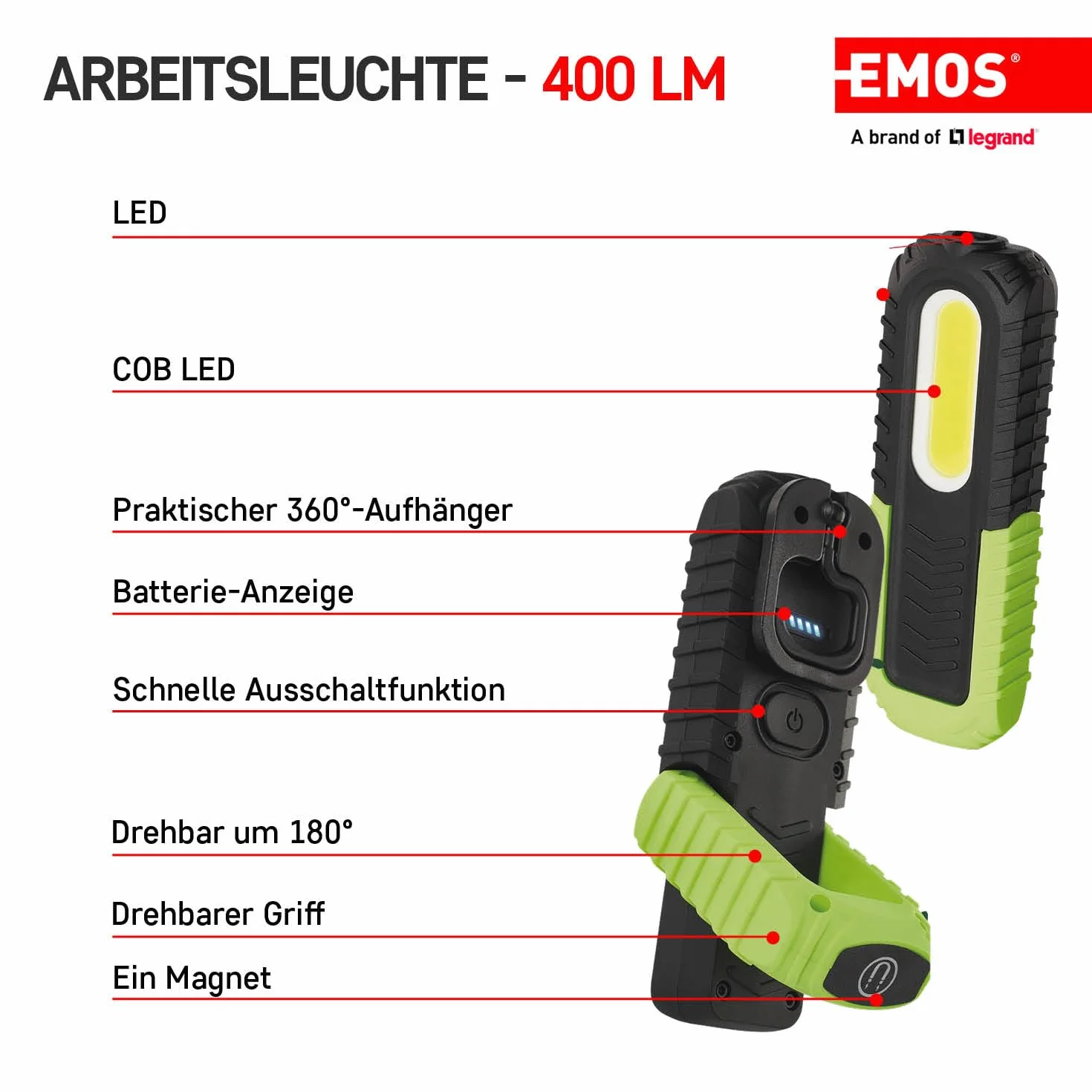 EMOS Lampa robocza LED, ładowalna wodoszczelna lampa warsztatowa z obrotową nóżką, hakiem i magnesem, 400 lm, zasięg świecenia 40 m, akumulator 2000 mAh z 8,5 godz. czasu świecenia i kablem USB, 3 tryby świecenia
