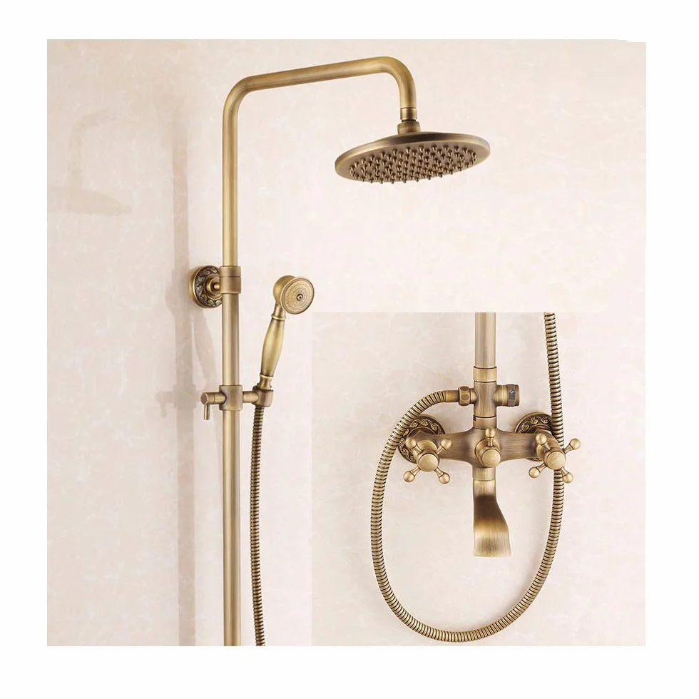 Zestaw prysznicowy Vintage Luxury Bathroom z mieszaczem ściennym i baterią prysznicową. System prysznicowy zawiera deszczownicę, słuchawkę prysznicową, kran wannowy, antyczny mosiądz.