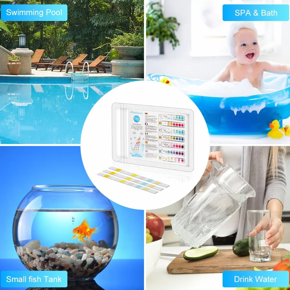 Flintronic 100 pasków testowych do basenu i spa 7 w 1 pH brom twardość chlor