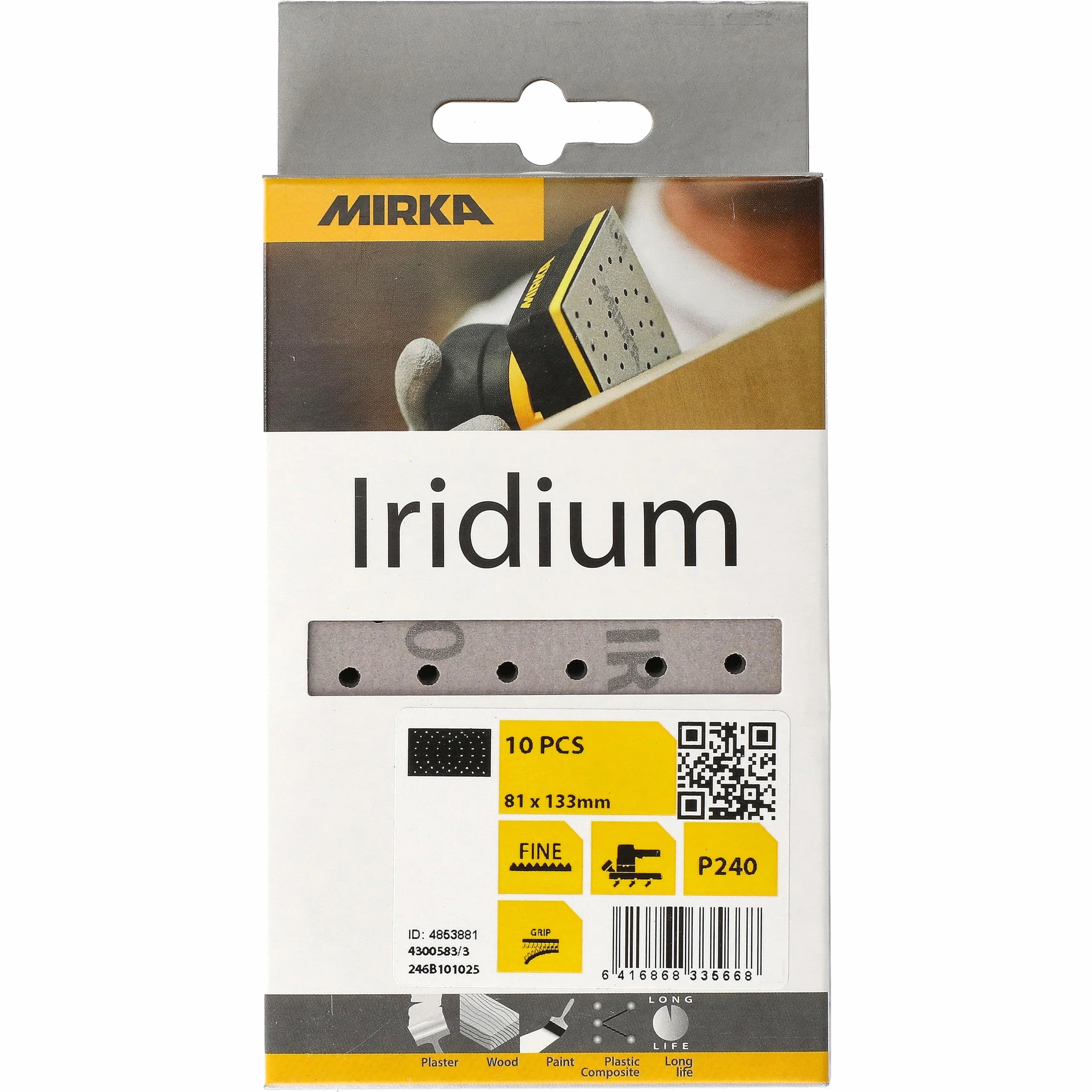 Mirka Iridium Premium papier ścierny 81x133mm rzep 54-otwory, ziarnistość 240, opakowanie 10 sztuk/Do szlifowania farb, szpachli, podkładów, drewna, stali, materiałów mineralnych, plastiku.