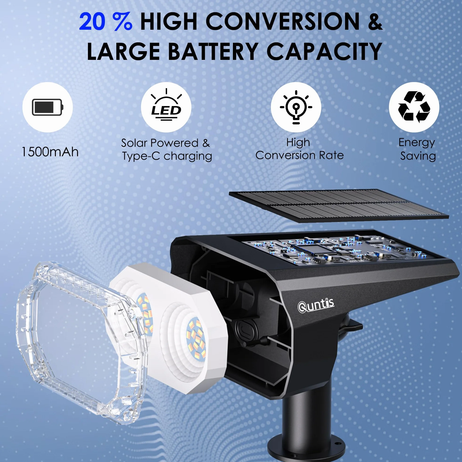 Zestaw 4 reflektorów zewnętrznych LED Quntis 26LEDs, wodoodporne zewnętrzne oświetlenie słoneczne IP65 z 3 kolorami i 6 trybami, kabel ładujący USB C, zewnętrzny reflektor słoneczny
