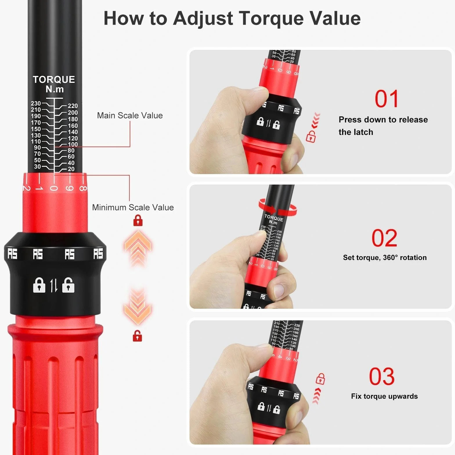 ATsafepro 8-Sztuk Zestaw Klucza Dynamometrycznego 1/2", 20-230 Nm, Manometr do Ciśnienia i Głębokości Bieżnika, Dokładność ±3%, 72-Zęby z 3 Nasadkami, Przedłużka, Adapter do Auta i Motocykla
