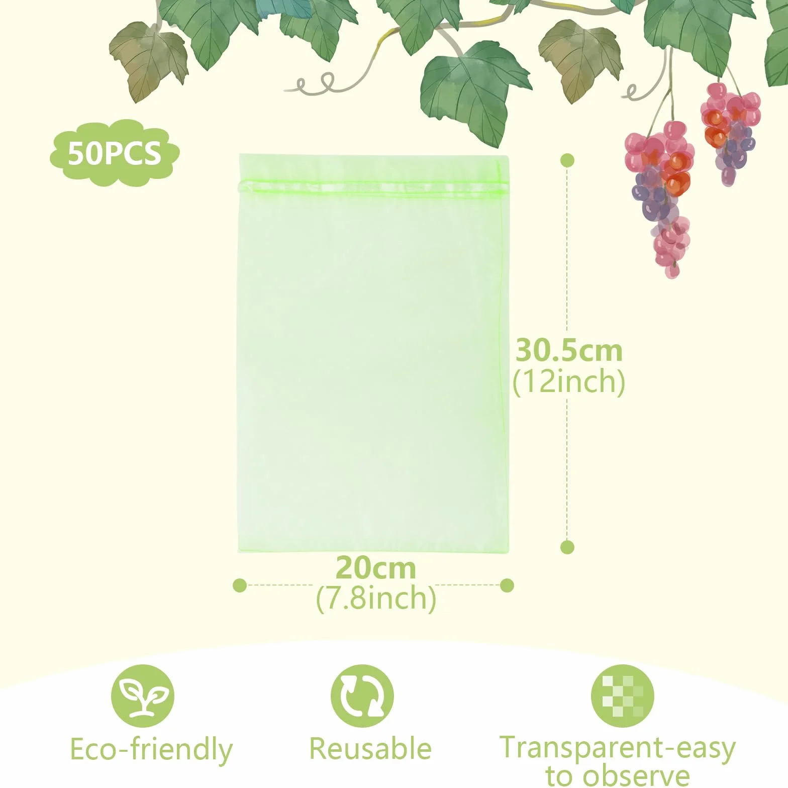 Worki ochronne na winogrona 50 sztuk 20x30 cm zielone z organzy ze ściągaczem