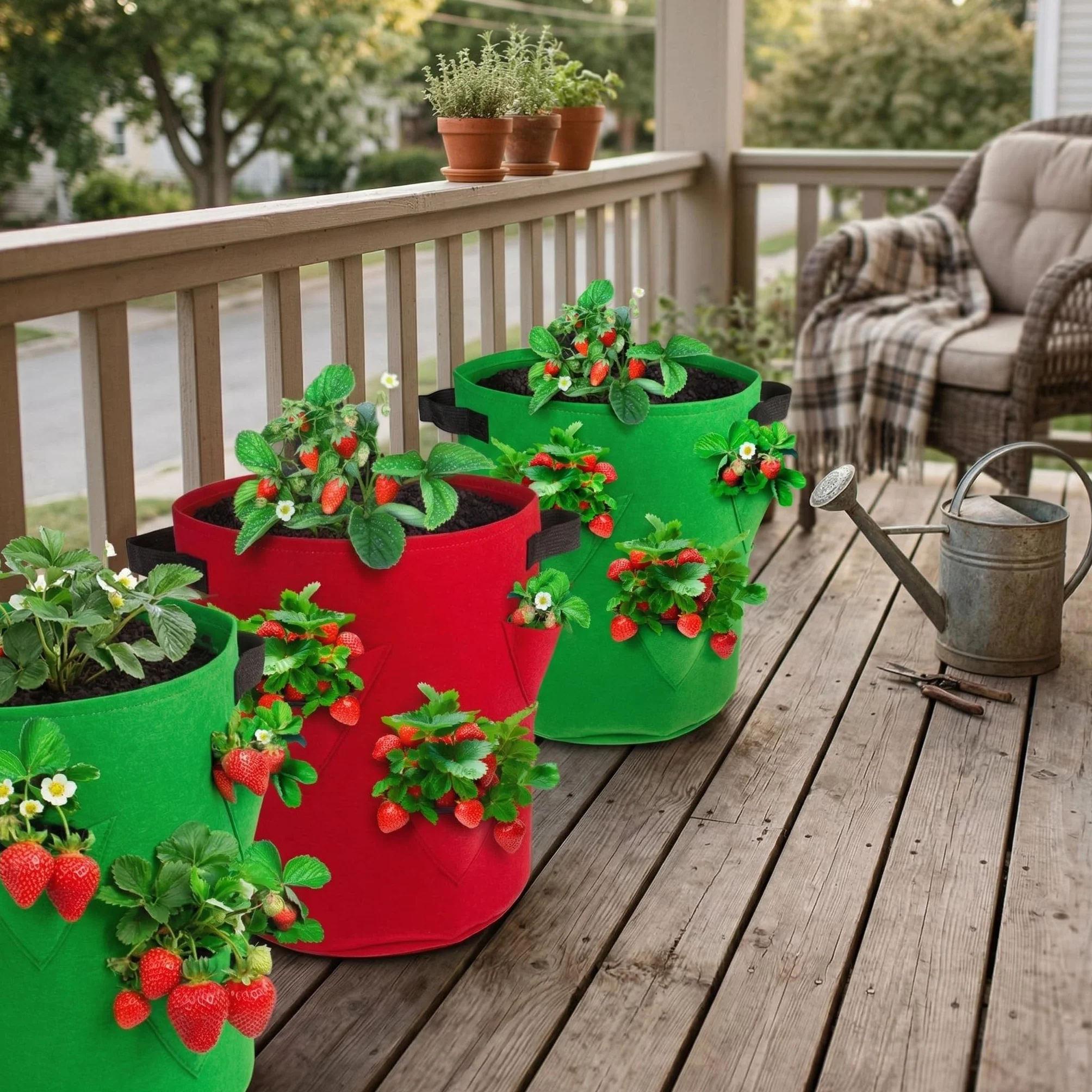 MIJOMA Zestaw 3 worków na rośliny truskawkowe z 8 kieszeniami na rośliny – 35 x 42 cm, oddychający filc, wielokrotnego użytku, 3 kolory (czerwony, zielony, czarny)