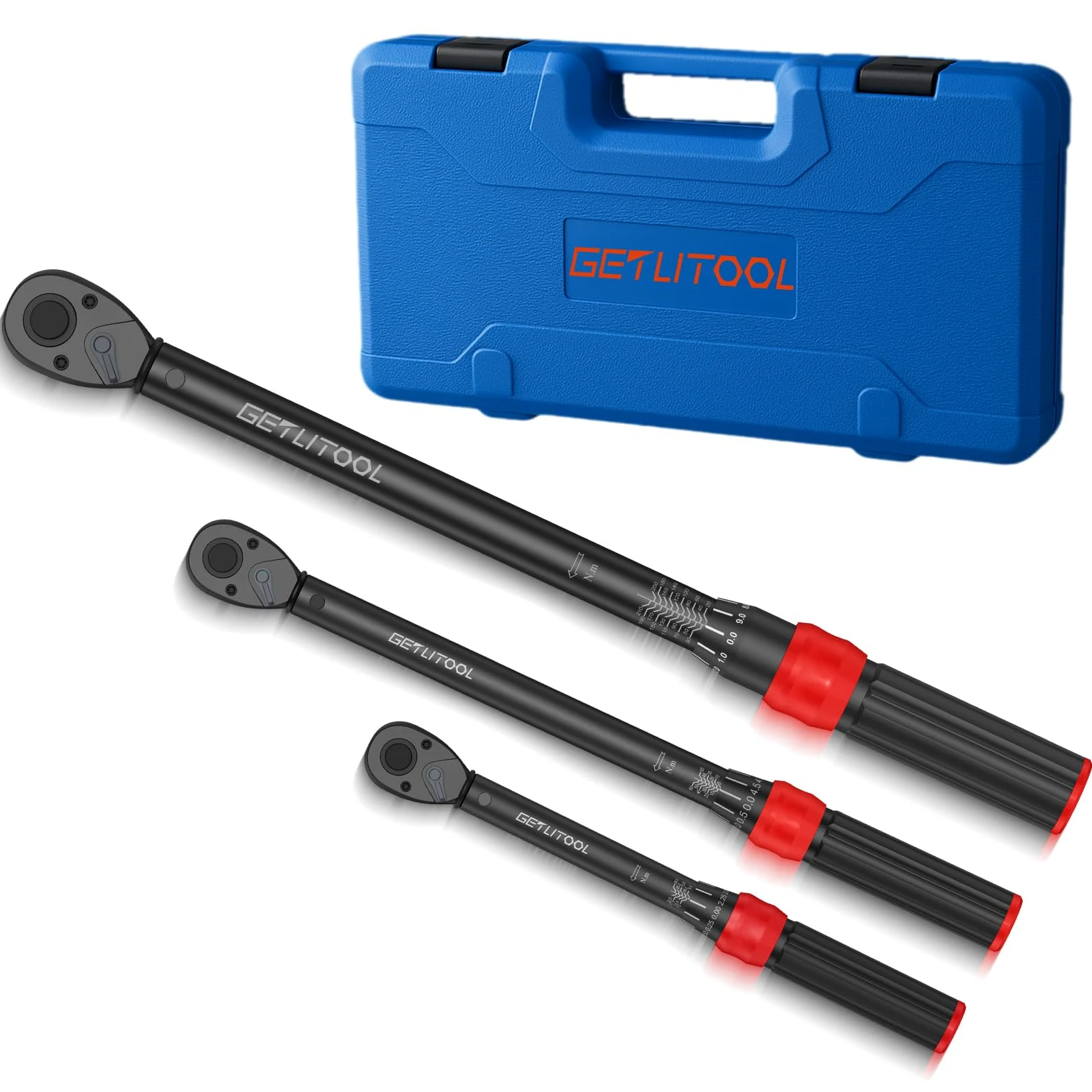 GETLITOOL Zestaw kluczy dynamometrycznych 1/4" 3/8" 1/2", 3 części z odwracalną grzechotką 72 zęby ze stali stopowej, klucz dynamometryczny do roweru, motocykla i samochodu, zakres momentu obrotowego