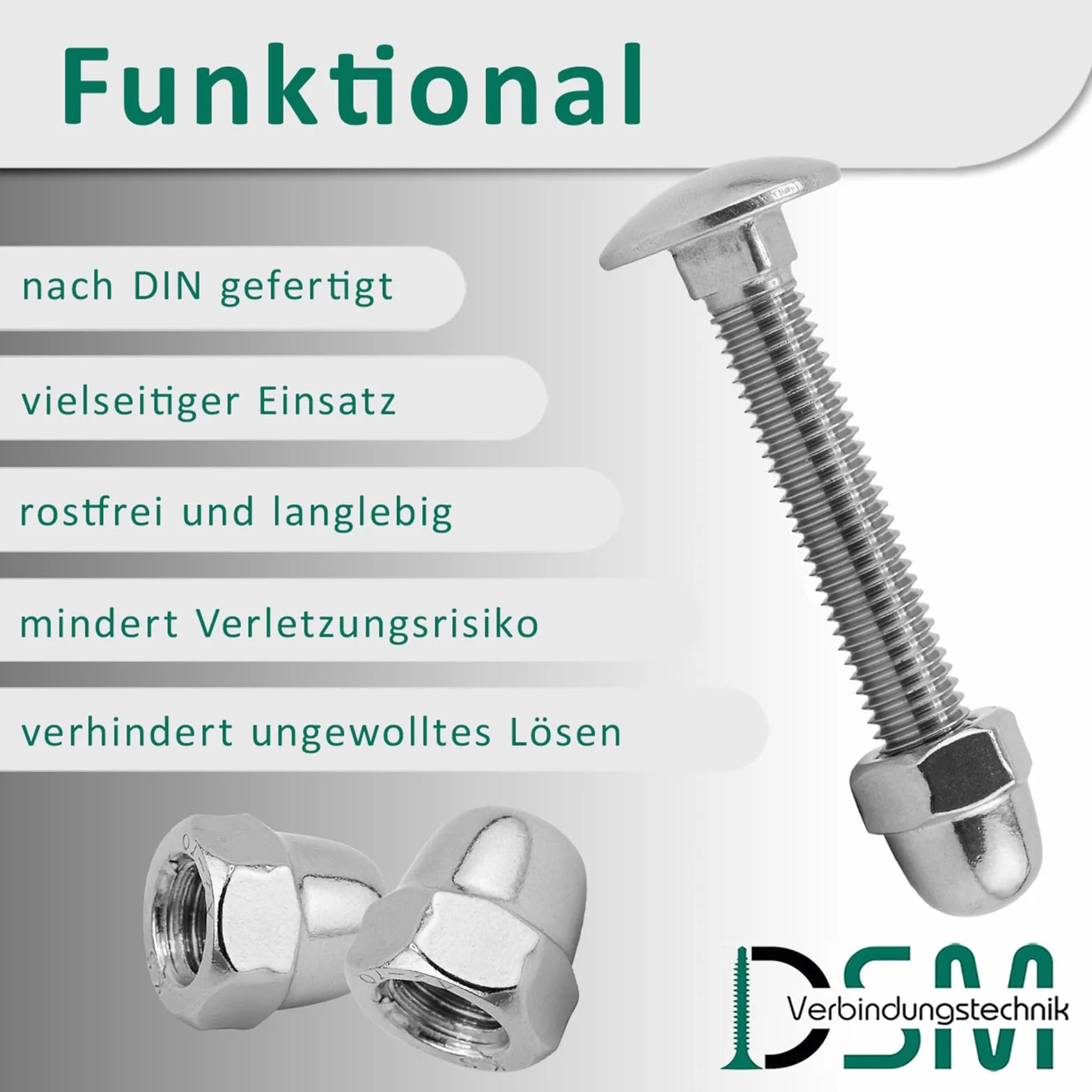 DSM – śruby zamkowe M12 x 65 mm zgodnie z normą DIN 603 – nakrętki DIN 1587 – stal szlachetna A2/V2A – pełny gwint – śruby z łbem płaskim z nasadką czworokątną – nakrętki kopułowe – wysoki kształt