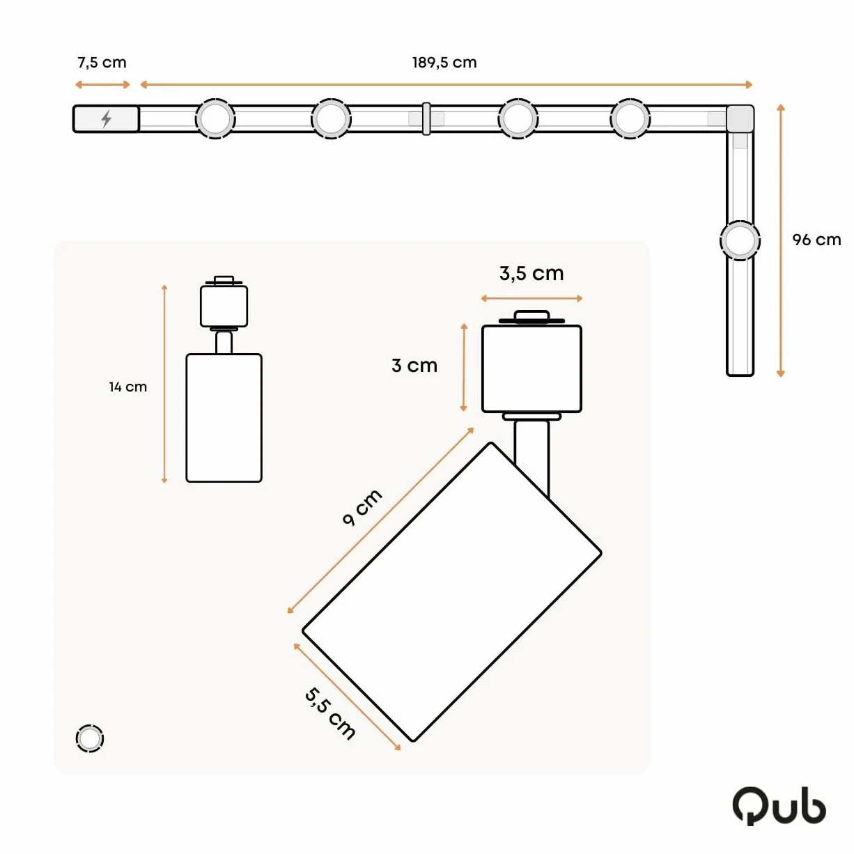 Qub Focus III 1-fazowe oświetlenie toru, 300 cm, 5 x głowica GU10, 3 x szyna 1 m, kształt litery L, reflektor sufitowy, biały, wysuwany i elastyczny, kompatybilny z diodami LED, nowoczesne oświetlenie