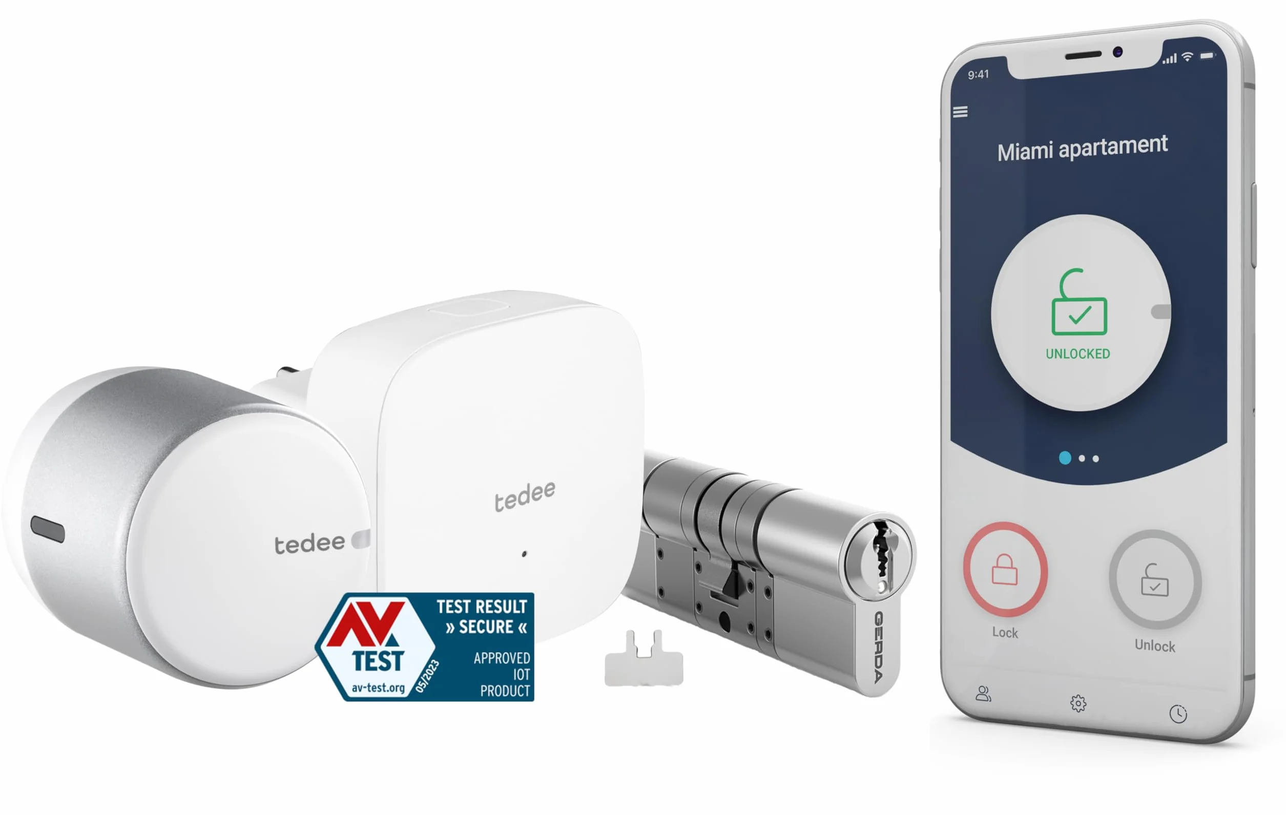 tedee Go Smart Lock, Bluetooth, elektroniczny zamek z automatyczną blokadą i aplikacją, certyfikat AV-Test (+ Bridge WiFi + Modular Cylinder Gerda 30-61 mm/37-68 mm (C) + bar)