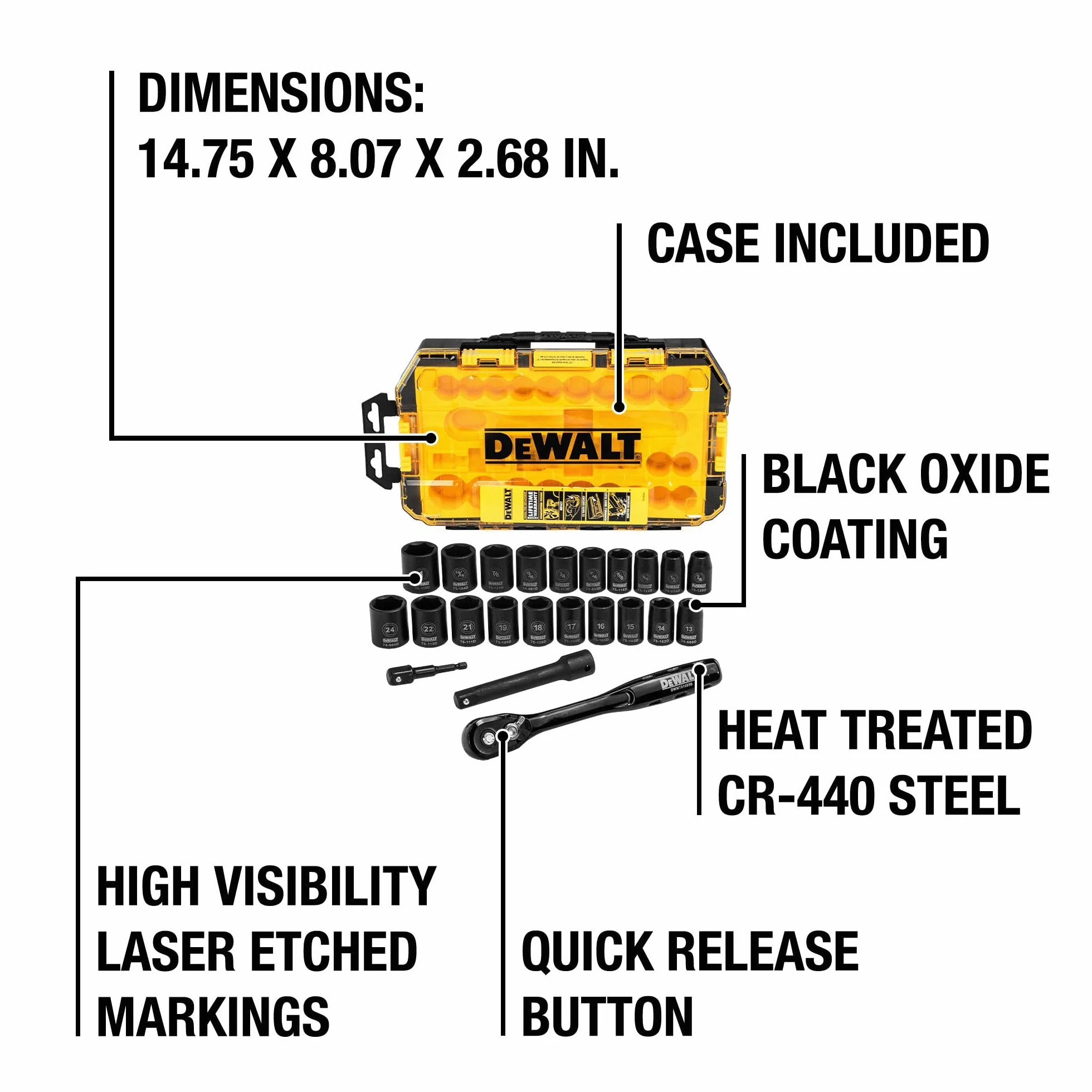 DEWALT Zestaw nasadek udarowych z grzechotką, napęd metryczny/SAE, 1/5.1 cm, 23-częściowy zestaw z etui (DWMT74739)