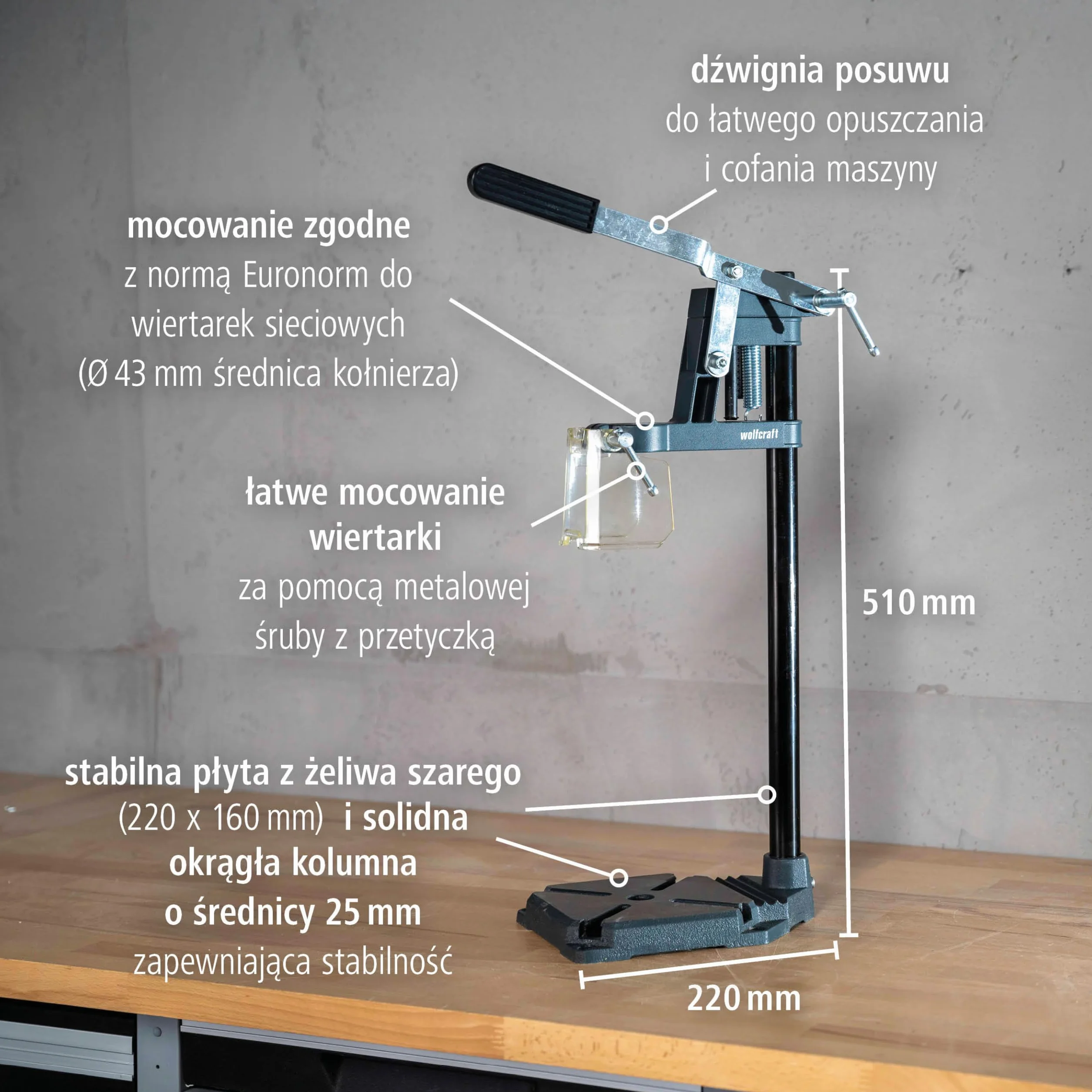 wolfcraft Stojak wiertarski SOLID – kompaktowe rozwiązanie do wiercenia o ograniczonej głębokości – wysięg 112 mm i skok 55 mm – 5028000