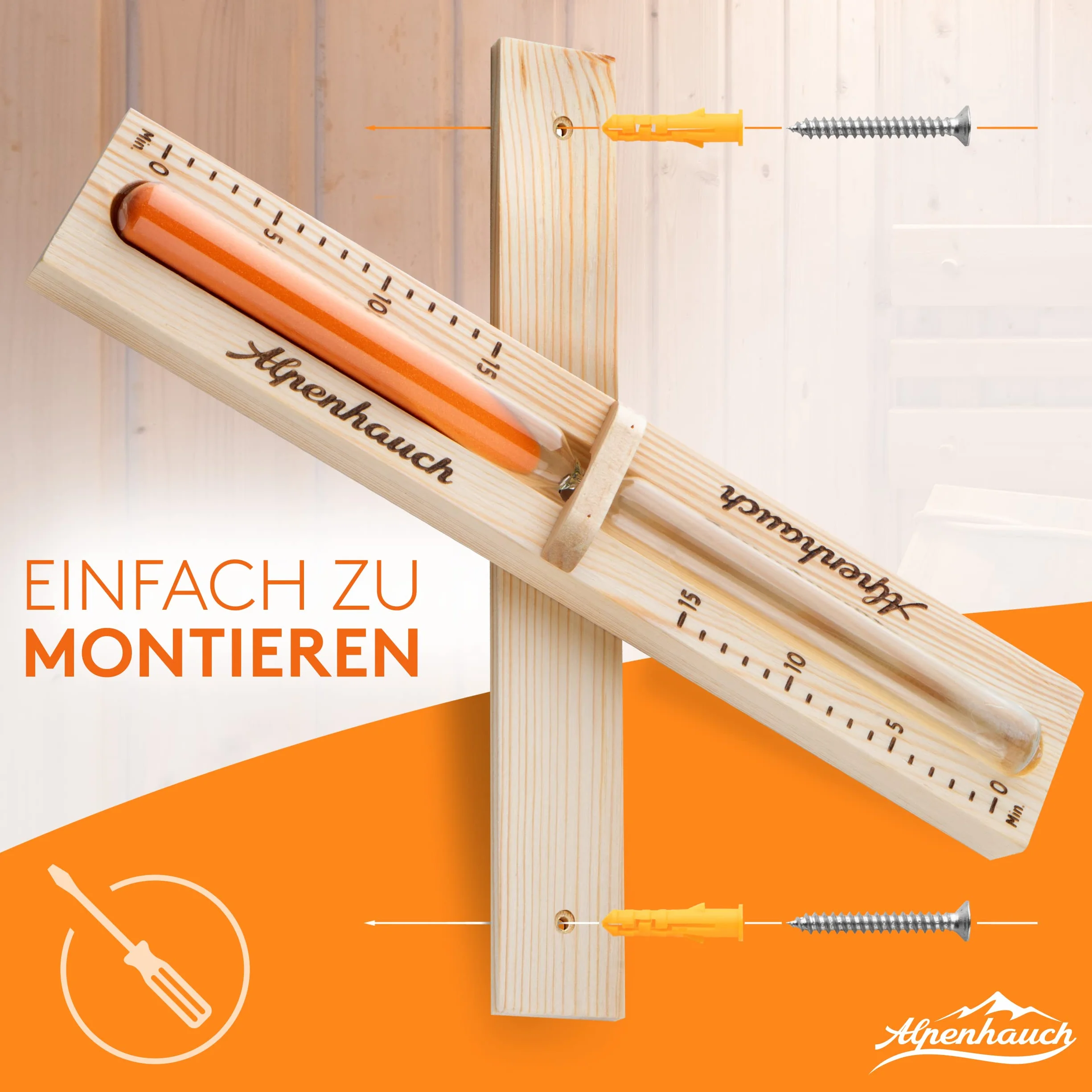 ALPENHAUCH Klepsydra do sauny 15 minut naturalne drewno szkło bezpieczne obracany 360°