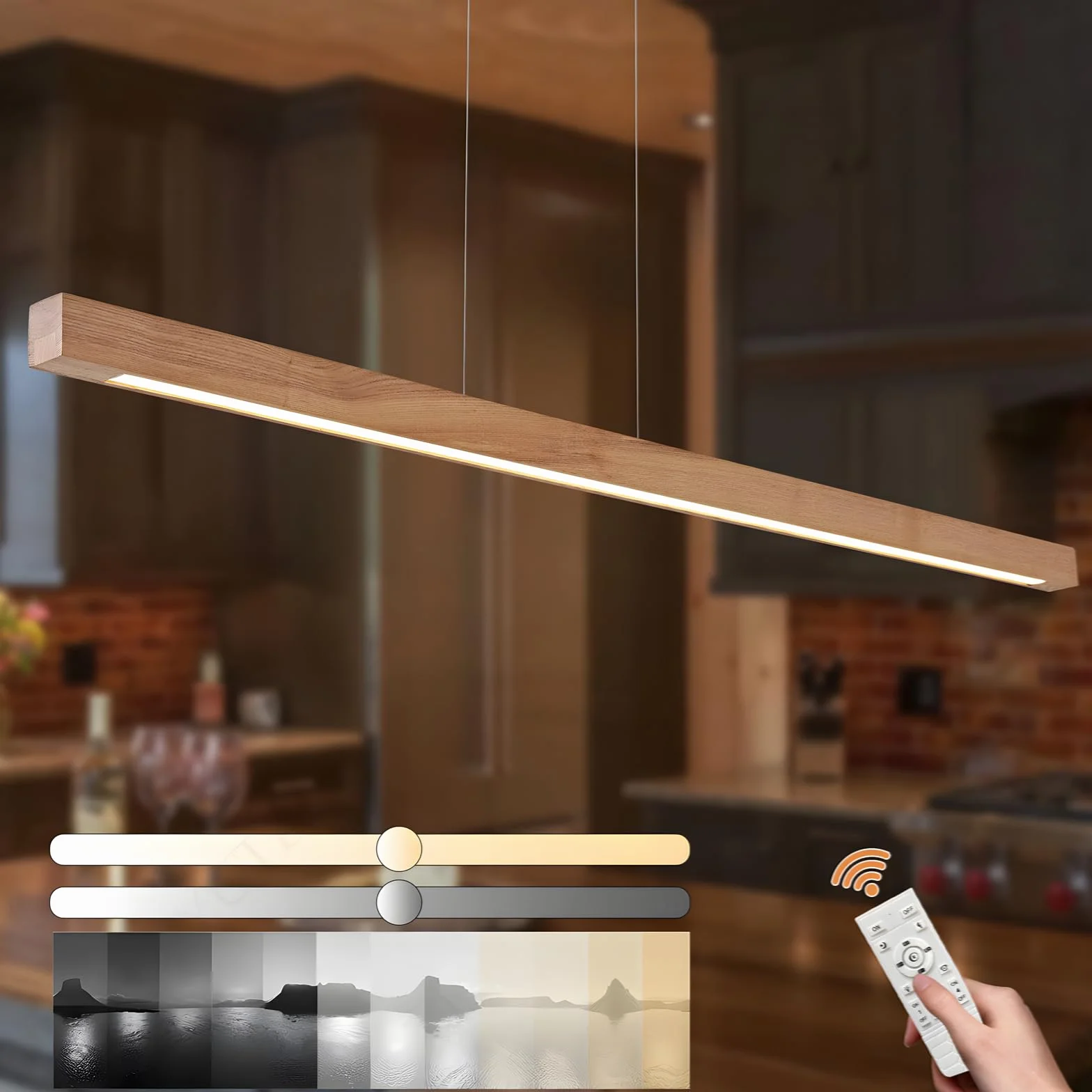 Prostopadłościan Drewniany Żyrandol Liniowy, Ściemnialne Światło z Pilotem, Wiszący Przewód 150cm Regulowany, Led Nowoczesny Minimalistyczny, Salon Biuro Jadalnia Kuchnia (Kolor Drewna 100cm)