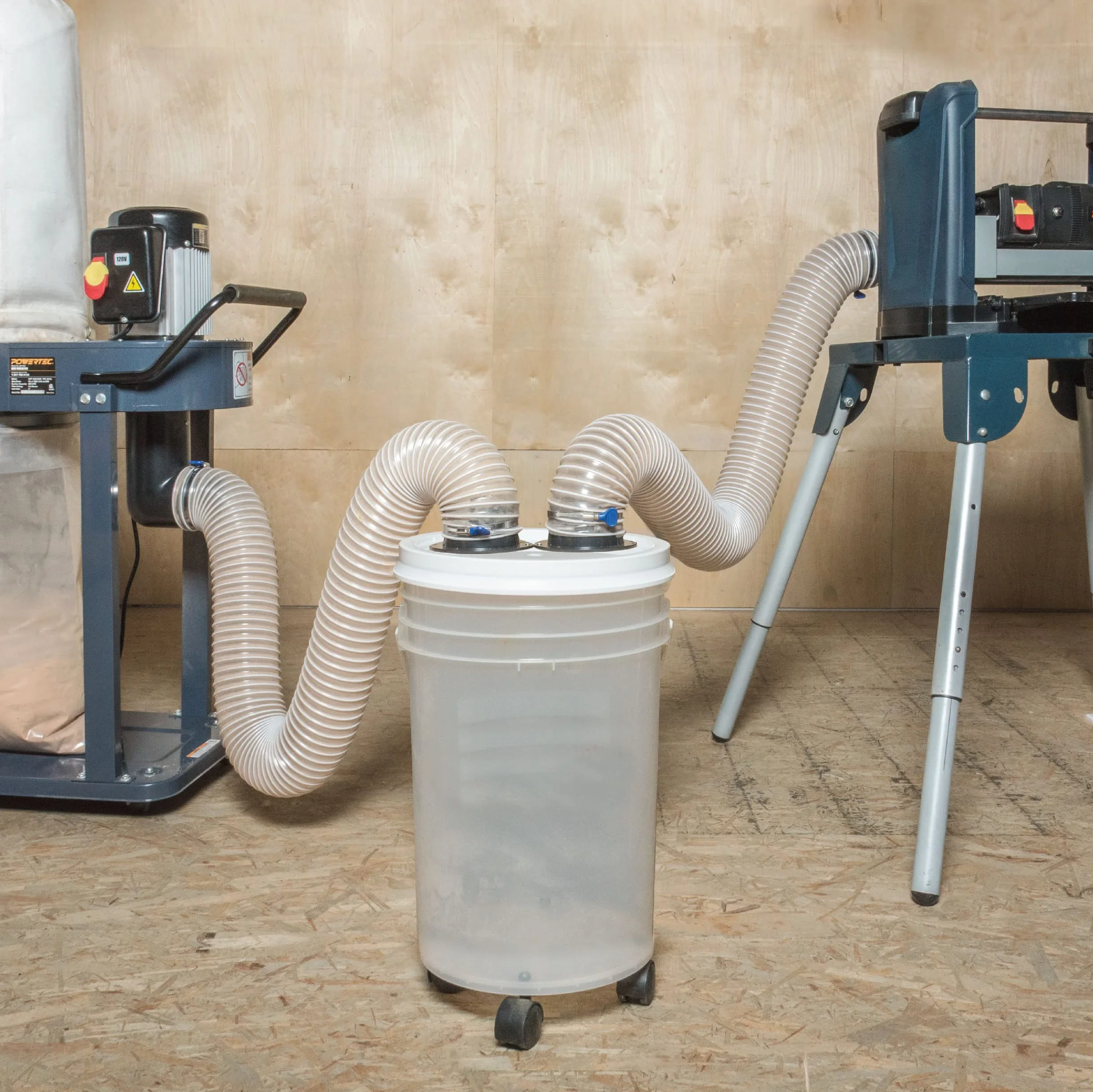 POWERTEC 70292 10 cm cyklonowe kolanka i łączniki zestaw separatorów do pojemników na odpady do obróbki drewna, wiader i beczek
