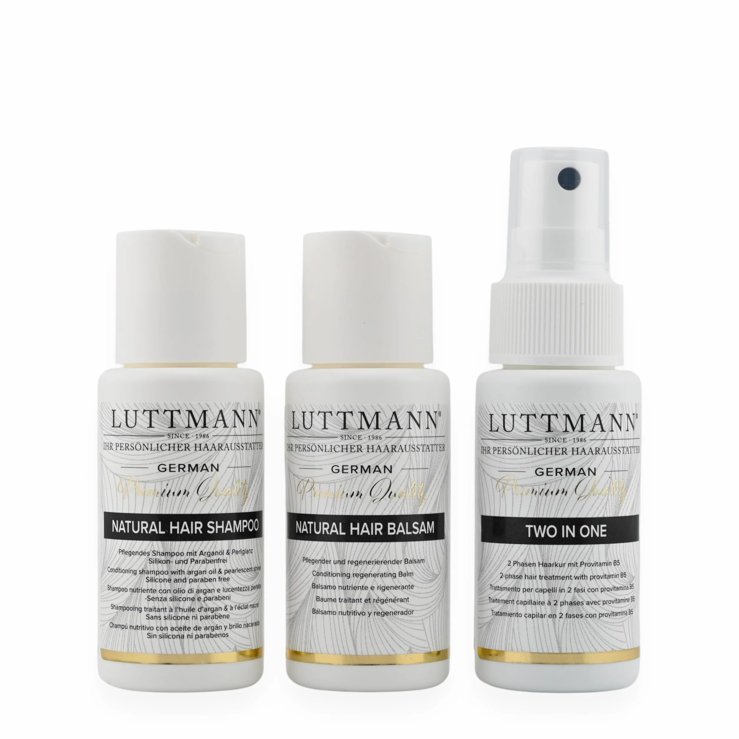Natural Hair Travelset – szampon, balsam i dwa w jednym sprayu, każdy po 50 ml – zestaw podróżny do pielęgnacji prawdziwych włosów, przedłużek, tresek i własnych włosów