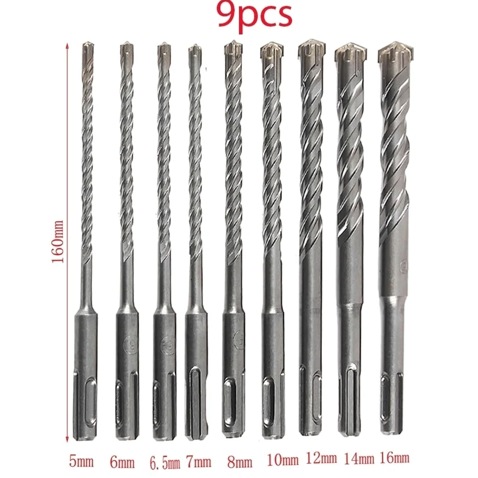 Wiertło do betonu 1/2, zestaw wierteł udarowych SDS Plus, bity o długości 160 mm z końcówką krzyżową muru elektrycznego(9pcs)