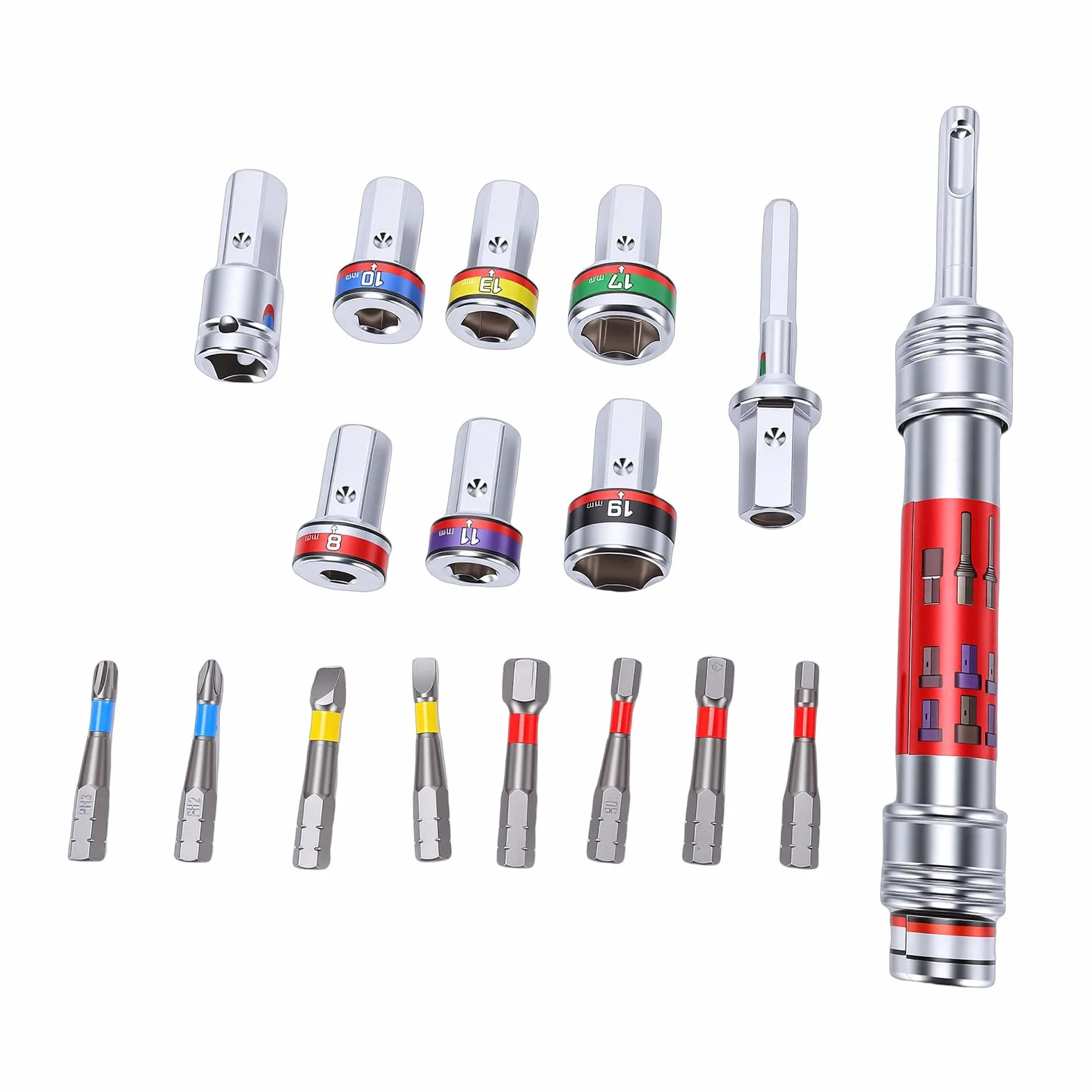 Generic Zestaw Przedłużaczy do Końcówek Nasadowych Solidny Wkrętak Nasadowy ze Stali Stopowej do Montażu w Szafce, Wymienny System wierteł, 7 Nasadek 8 Mm–19 Mm, Odpowiedni dla Wykwalifikowanych
