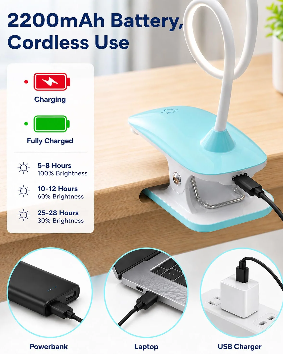 Lampka Zaciskowa do Łóżka dla Dzieci, LED Lampka do Czytania z Klipsem USB, 3 Kolory Światła, Dotykowe Ściemnianie, Lampka Nocna z Elastycznym Ramieniem do Pokoju Dziecka, Łóżka Piętrowego,niebieska