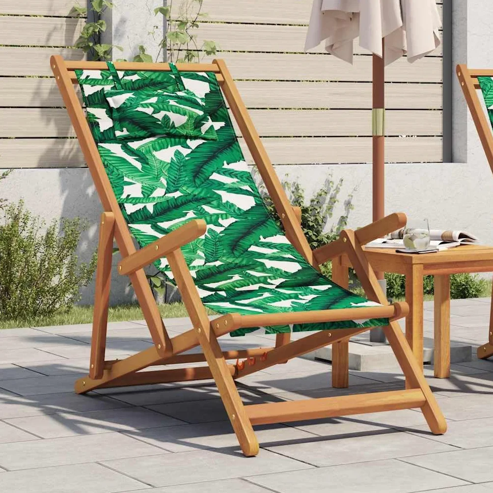 vidaXL Składane krzesło plażowe, wzór w liście, eukaliptus i tkanina