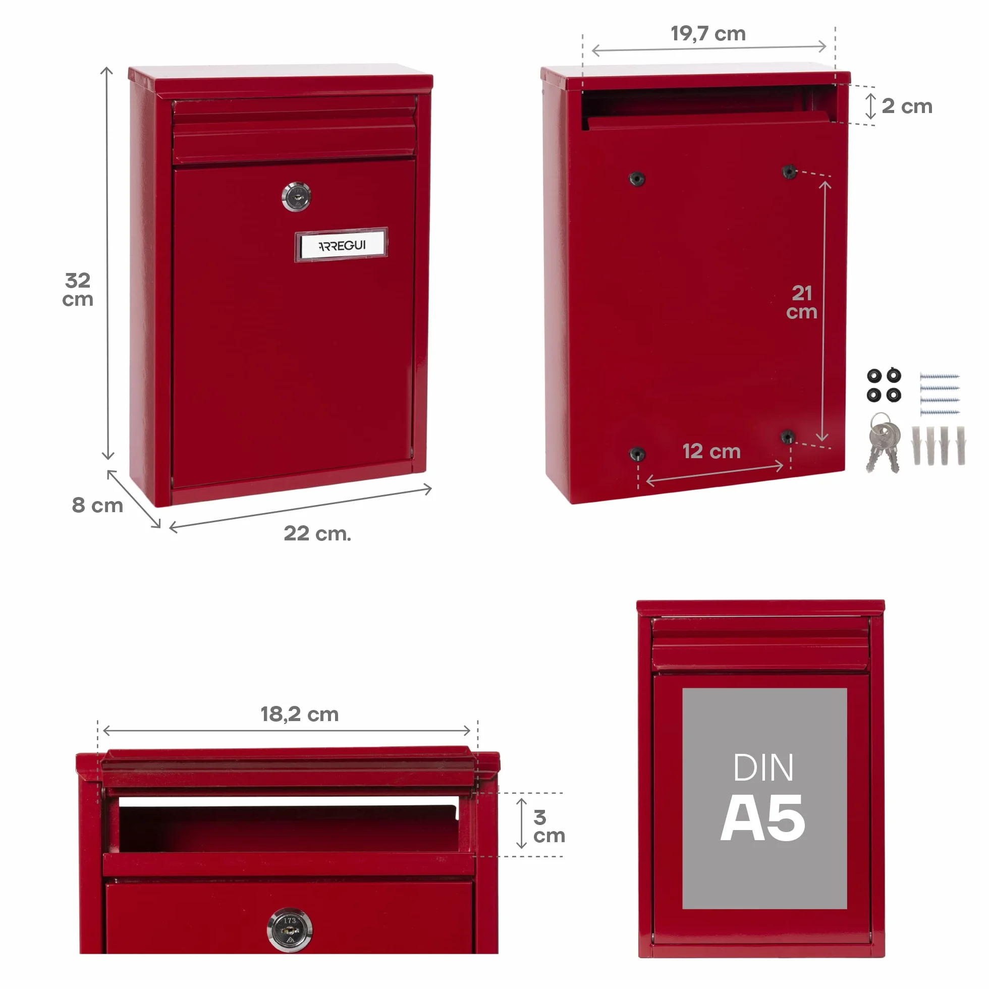 ARREGUI Zaguán E5756 skrzynka na listy lub skrzynka na listy z ocynkowanej stali, rozmiar S (DIN A5), czerwona, 32 x 22 x 8 cm, rozmiar S (DIN A5) – 32 x 22 x 8 cm