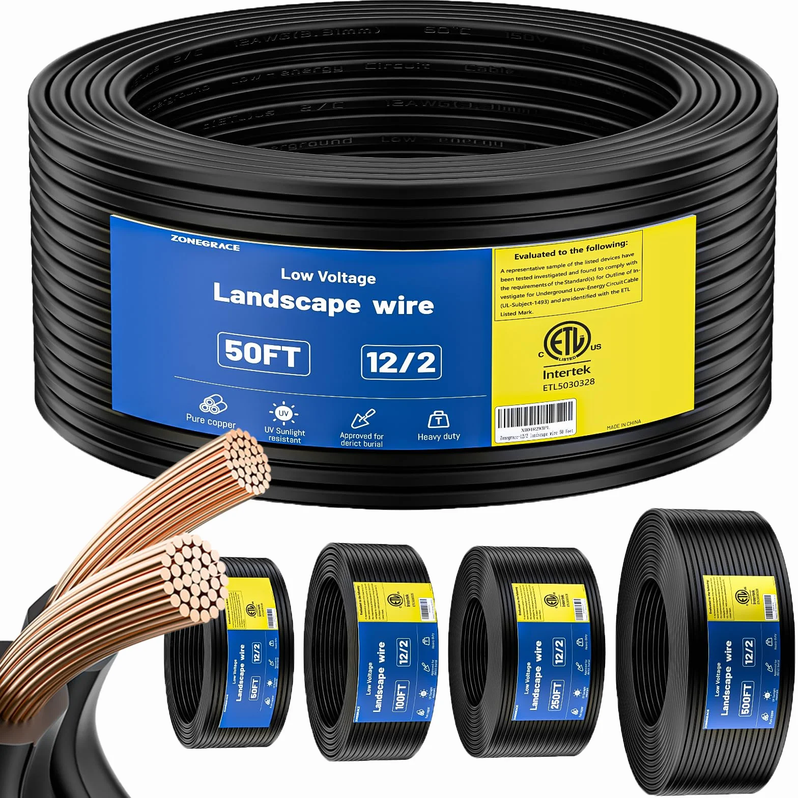 ZONEGRACE Kabel krajobrazowy niskiego napięcia 12/2 12/2 z certyfikatem ETL kabel krajobrazowy oplot z czystą miedzią (65 x 0,254 mm), kabel krajobrazowy niskiego napięcia