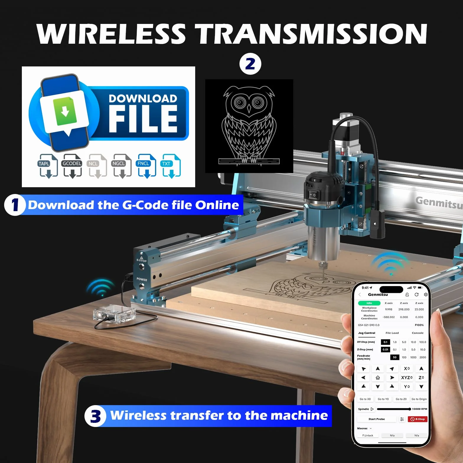 Genmitsu GGW-USB bezprzewodowy zestaw modułów Wi-Fi z portem USB, wysyłanie kodów G, pilot zdalnego sterowania i monitorowania, sterownik offline do wszystkich maszyn CNC Genmitsu