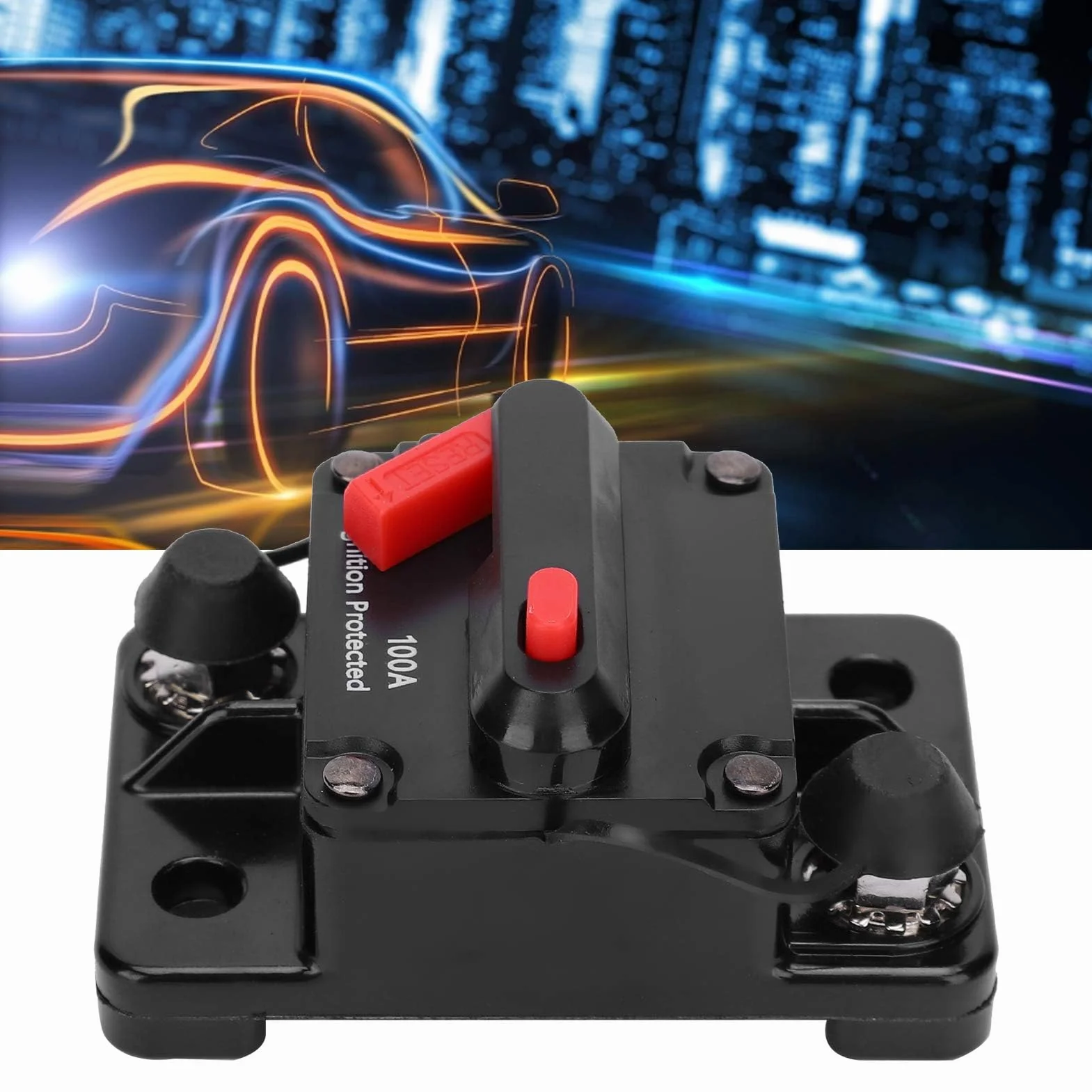 Wyłącznik automatyczny, uchwyt bezpiecznika z automatycznym resetowaniem, wodoodporny wyłącznik automatyczny z czerwonej miedzi DC12-42V, z wodoodporną plastikową osłoną ochronną (100 A)