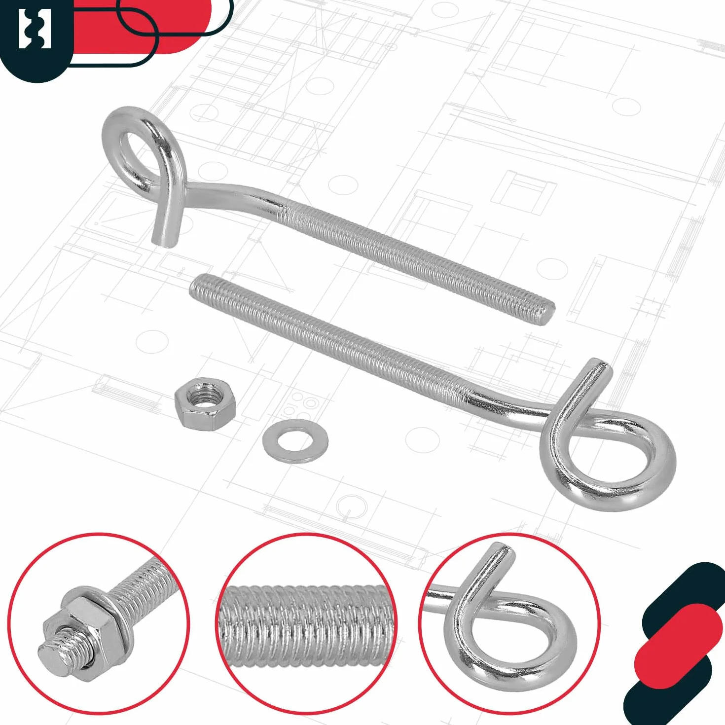 KOTARBAU® 2 haki M8 170 mm – wkręcane, stal ocynk, sufitowe, wytrzymałe, do montażu huśtawek.