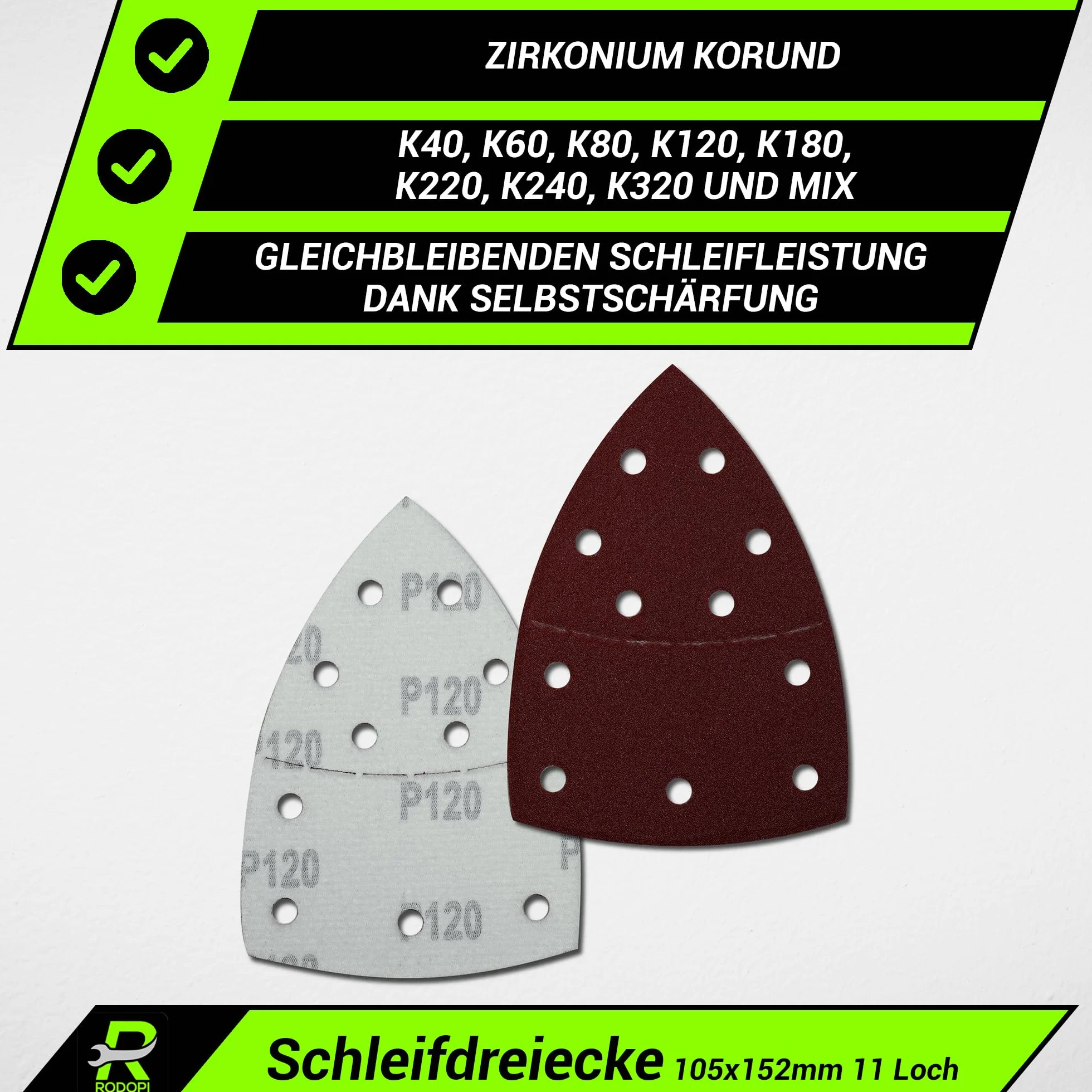 RODOPI RedDevil Papier ścierny do szlifierek wielofunkcyjnych, cyrkonu, korundu, rzepu, 105 x 152 mm, trójkąty szlifierskie Delta, 11 otworów, do szlifierek trójkątnych, ziarnistość 40-320, 50 sztuk,